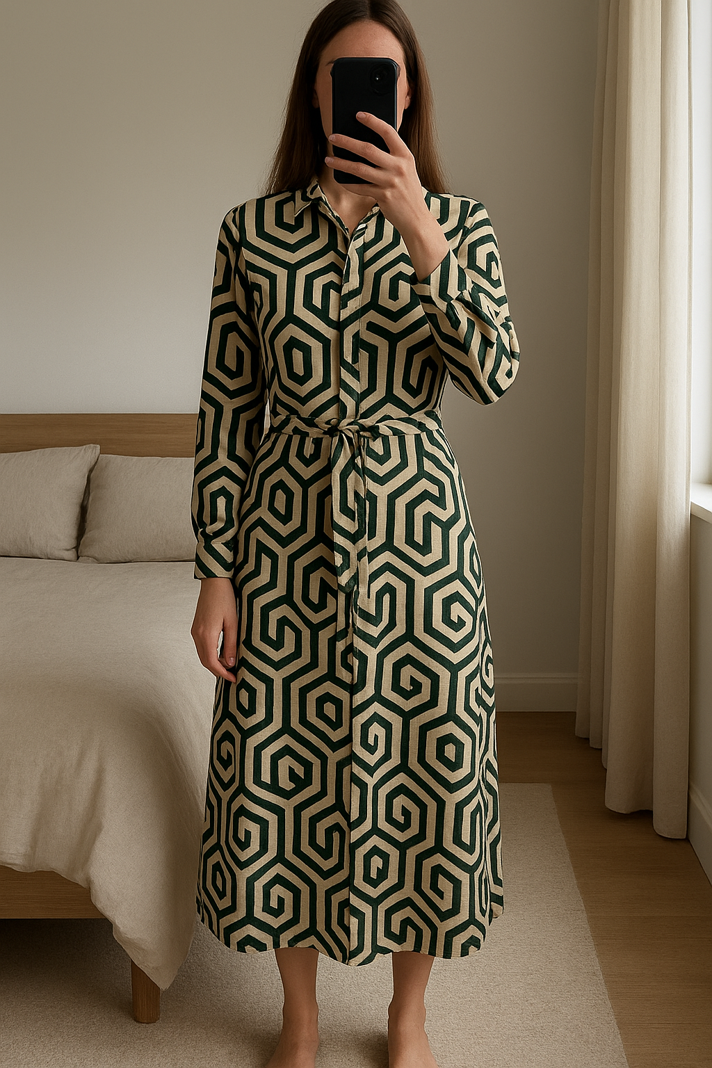 Robe légère debout, face à la caméra, dans une chambre à la lumière douce, avec une lumière naturelle filtrant par la fenêtre.