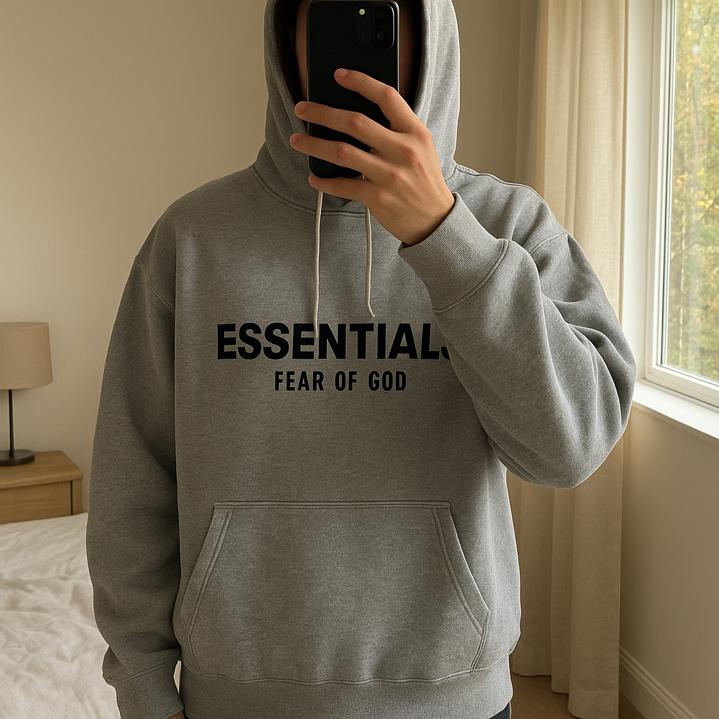 Pull essential debout, face à la caméra, dans une chambre à la lumière douce, avec une lumière naturelle filtrant par la fenêtre.