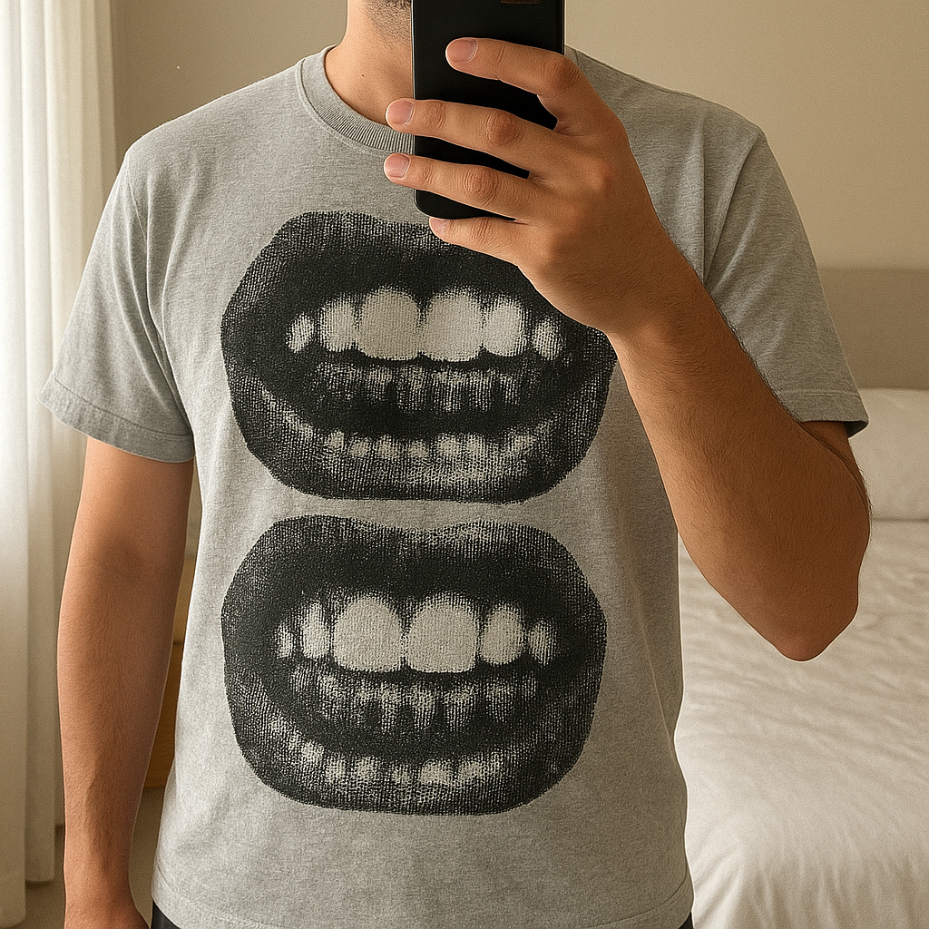 TEE shirt à imprimé bouche style y2k debout, face à la caméra, dans une chambre à la lumière douce, avec une lumière naturelle filtrant par la fenêtre.