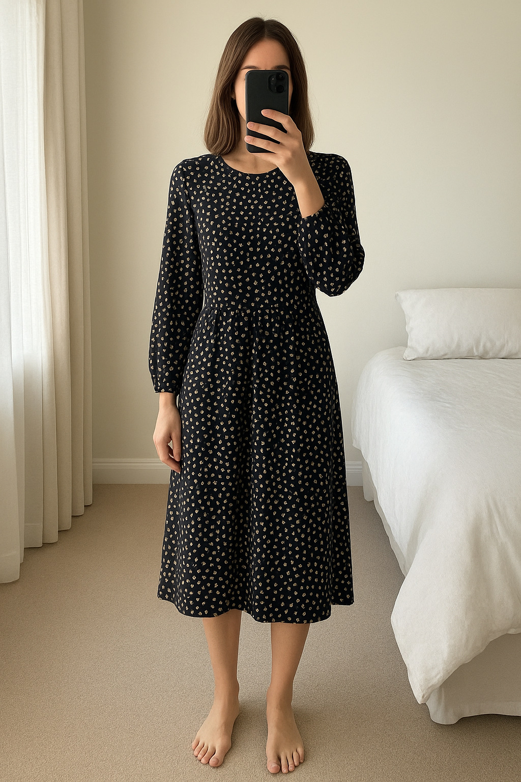 Robe à pois debout, face à la caméra, dans une chambre à la lumière douce, avec une lumière naturelle filtrant par la fenêtre.