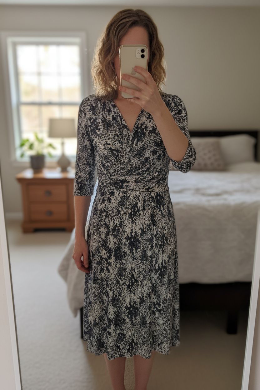 Brora black white grey wrap dress UK16 abstract snake print V neck standing straight facing the camera, in a softly lit bedroom setting, with gentle natural light filtering through a window.