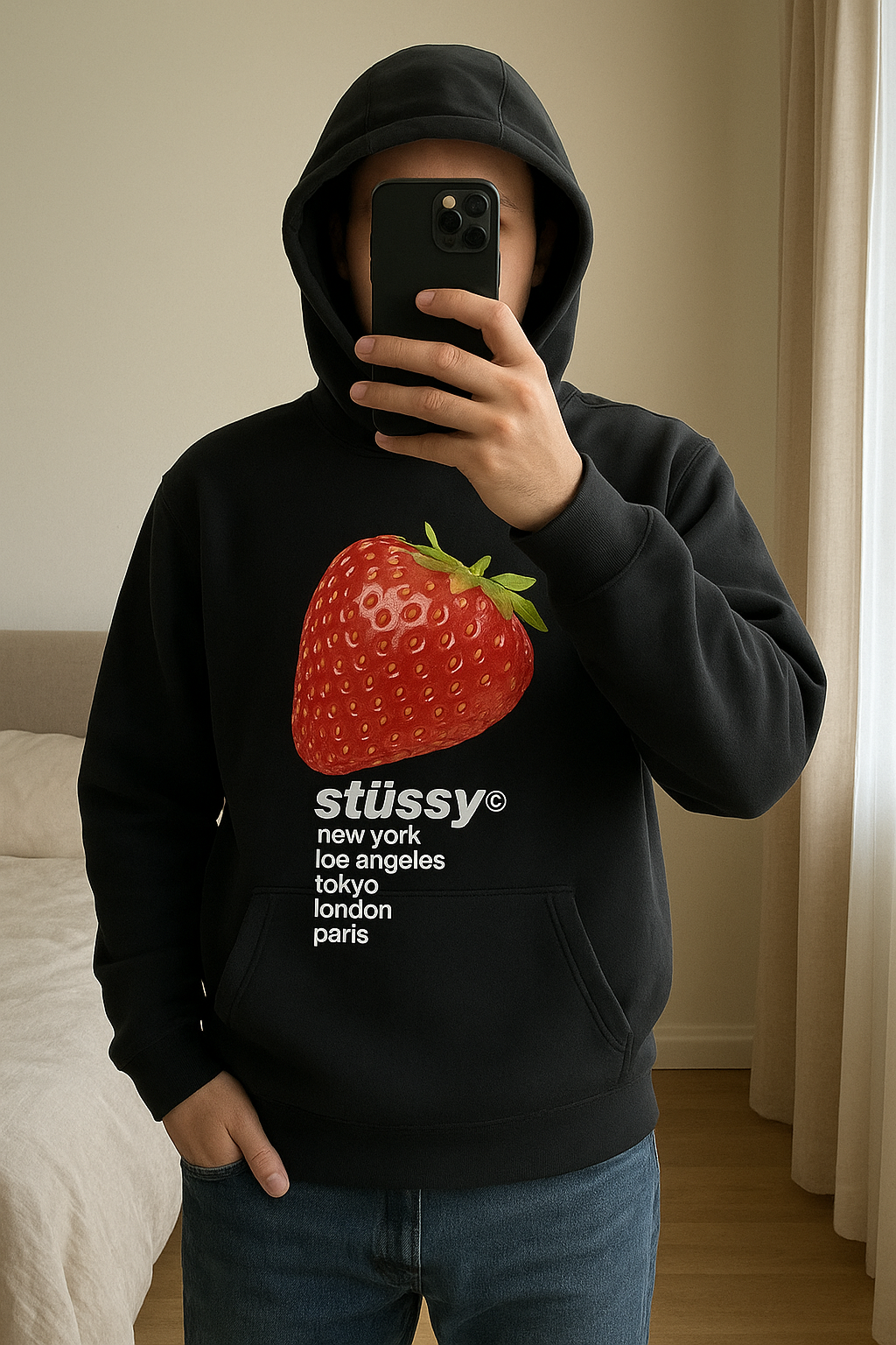 Pull stussy noir avec une fraise debout, face à la caméra, dans une chambre à la lumière douce, avec une lumière naturelle filtrant par la fenêtre.