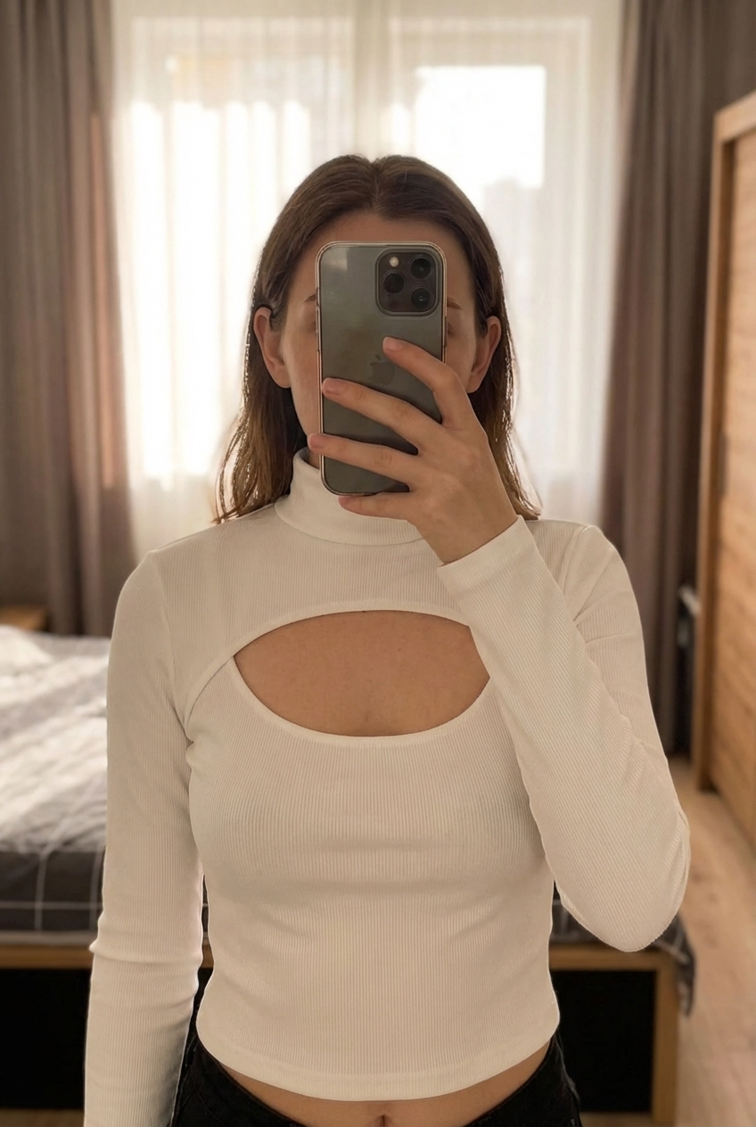 Crop top canale blanco manga larga Bershka talla S de pie, mirando a la cámara, en un dormitorio con luz suave y natural filtrándose por la ventana.