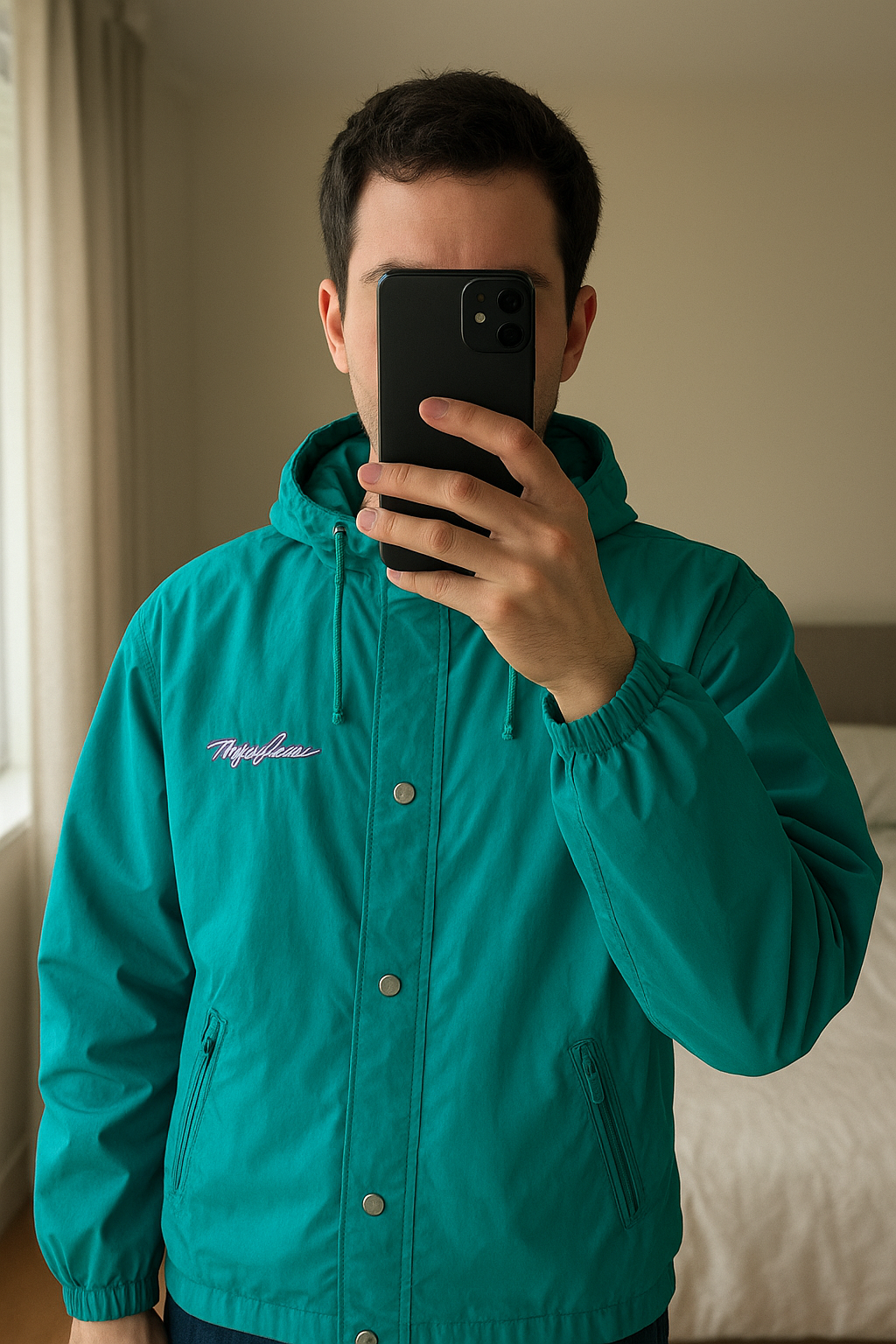 Piumino vintage FILA anni 90 Unisex XL in piedi, rivolto verso la fotocamera, in una camera da letto con luce soffusa e luce naturale che filtra dalla finestra.