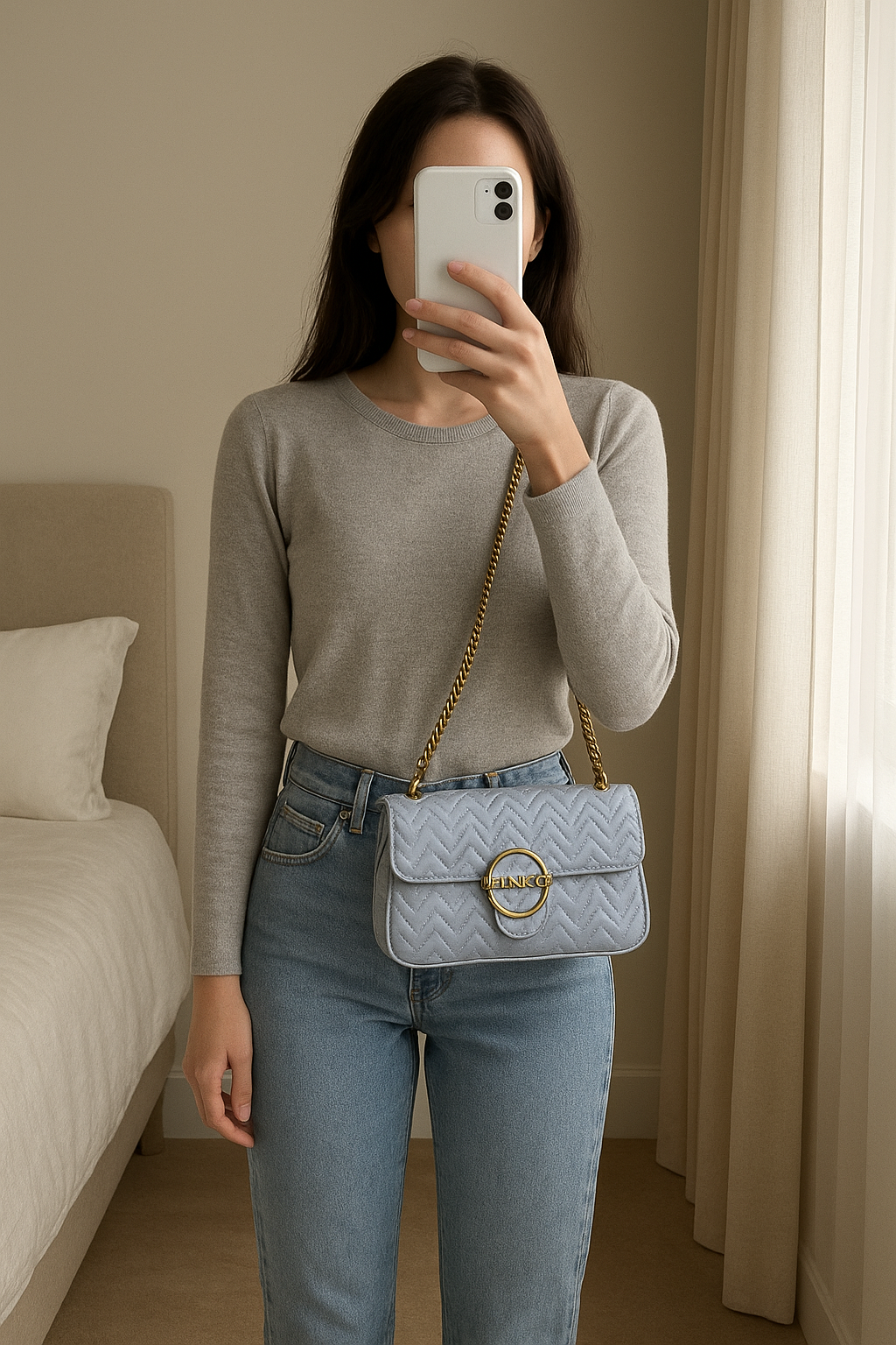 Authentic PINKO Quilted Bag - New in piedi, rivolto verso la fotocamera, in una camera da letto con luce soffusa e luce naturale che filtra dalla finestra.
