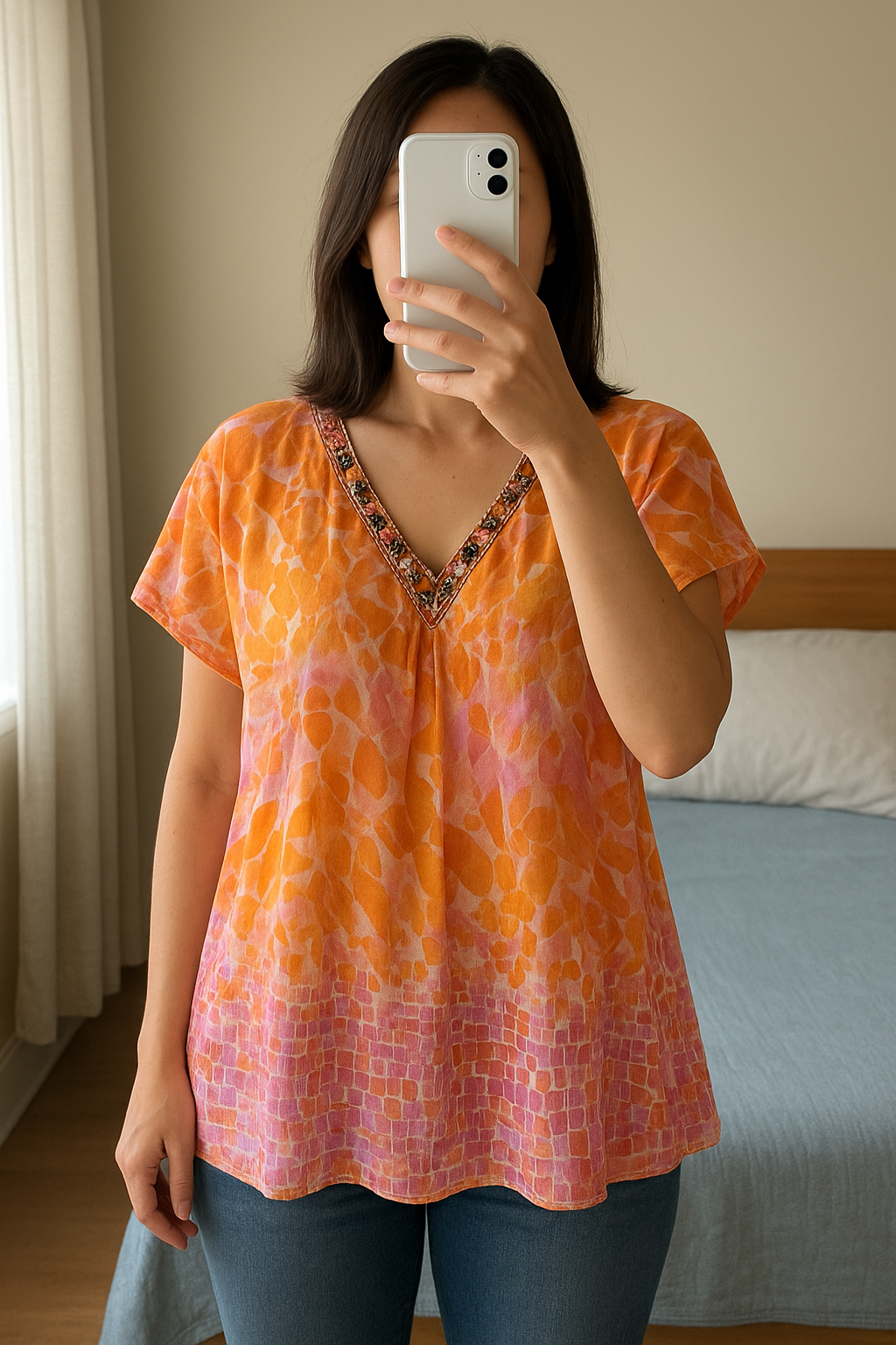 🌺 Bunte, transparente Tunika / Strandkleid 🌺 aufrecht stehend, der Kamera zugewandt, in einem sanft beleuchteten Schlafzimmer, mit natürlichem Licht, das durch ein Fenster fällt.