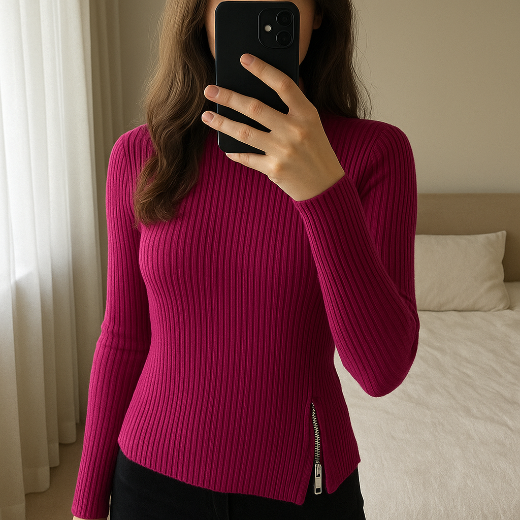 Pull Col Roulé Vintage 100% Coton Tommy Hilfiger Fuchsia L debout, face à la caméra, dans une chambre à la lumière douce, avec une lumière naturelle filtrant par la fenêtre.