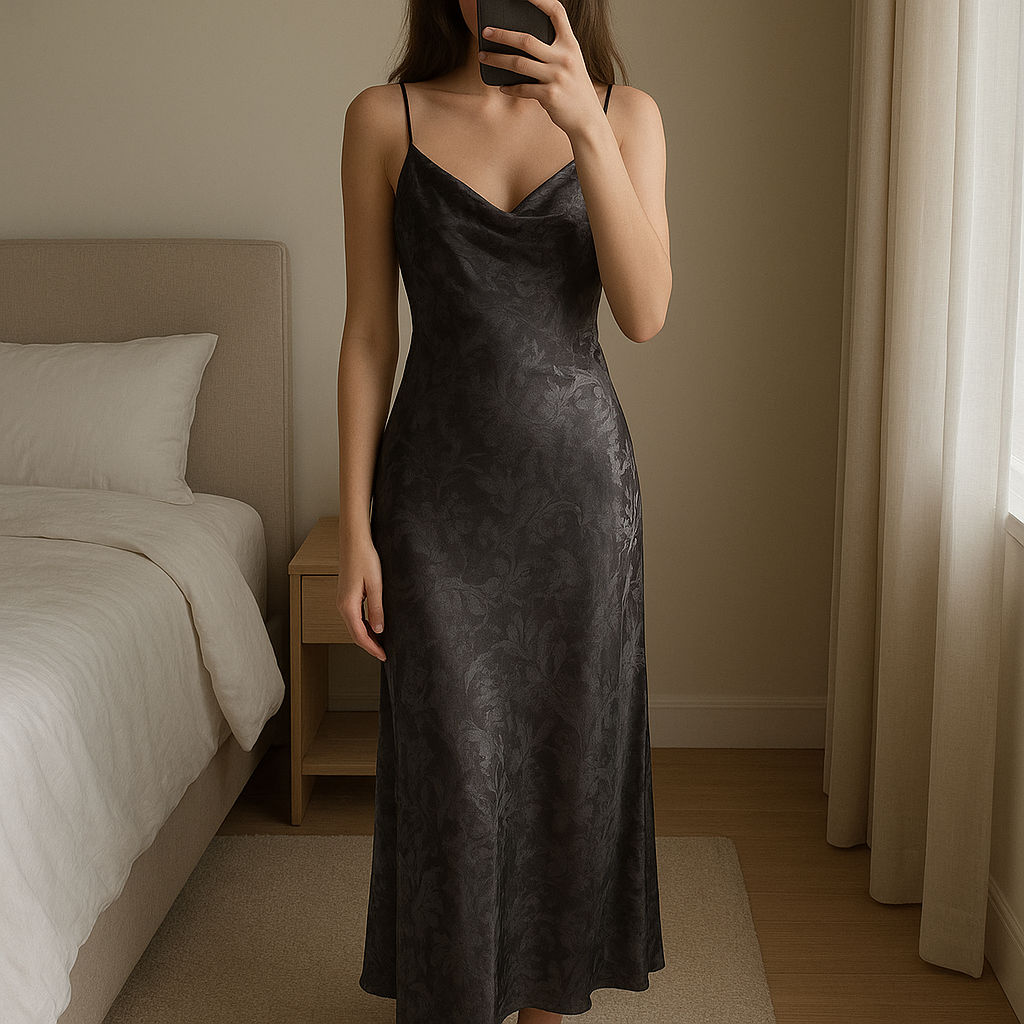 Robe Longue Zara T36 debout, face à la caméra, dans une chambre à la lumière douce, avec une lumière naturelle filtrant par la fenêtre.