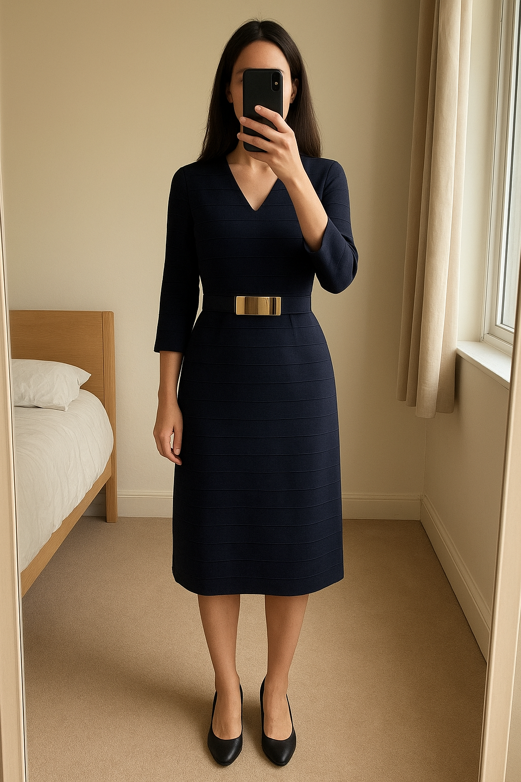 Très belle robe morgan debout, face à la caméra, dans une chambre à la lumière douce, avec une lumière naturelle filtrant par la fenêtre.