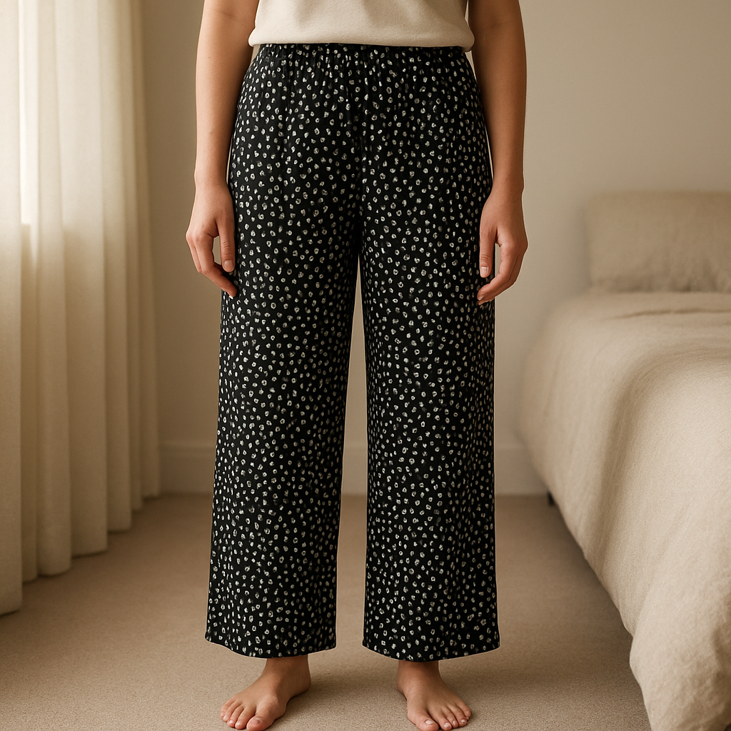 Linen trousers elasticated waist. standing straight facing the camera, in a softly lit bedroom setting, with gentle natural light filtering through a window.