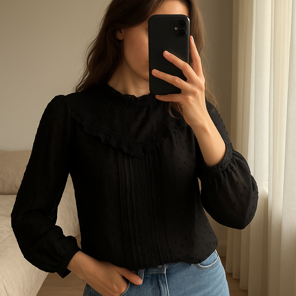 Una persona in Blouse noire à dentelle stradivarius S - blusa donna S inarcando leggermente la schiena per una posa dinamica, in una camera da letto con luce soffusa e luce naturale che filtra dalla finestra.