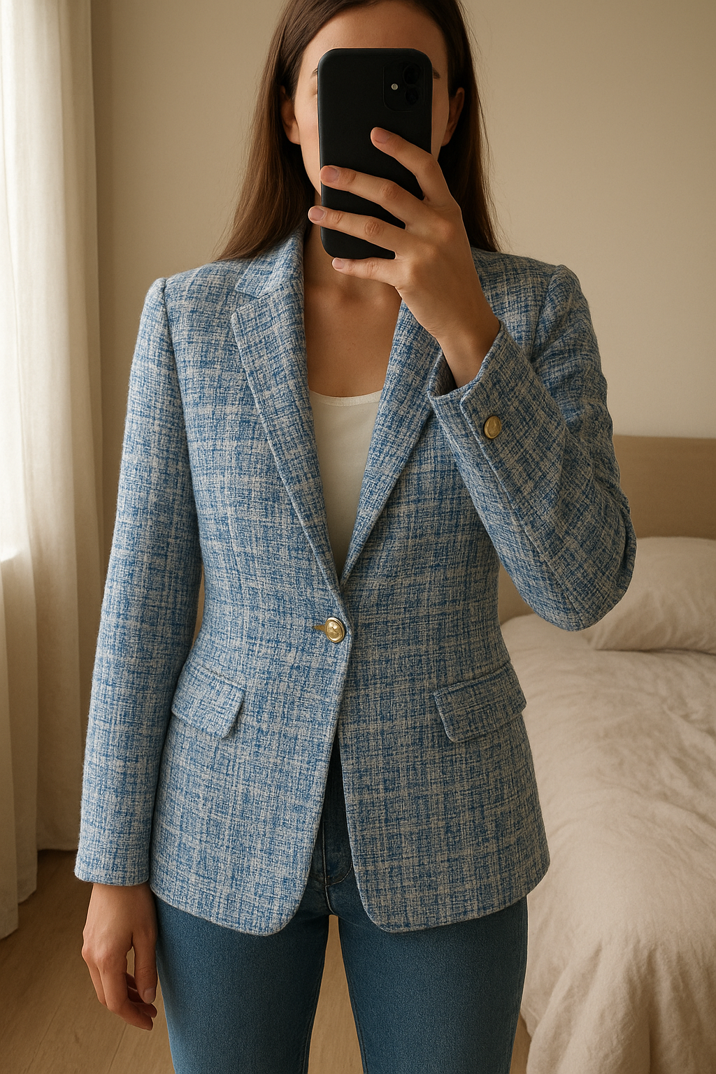 Blazer hiver debout, face à la caméra, dans une chambre à la lumière douce, avec une lumière naturelle filtrant par la fenêtre.