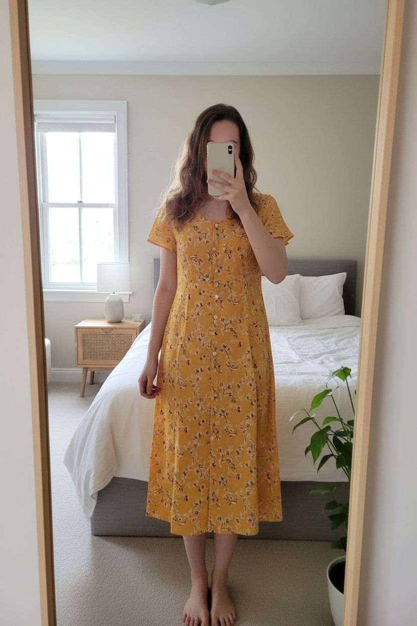 Une personne en Robe longue élégante à motifs floraux, bohème debout, face à la caméra, dans une chambre à la lumière douce, avec une lumière naturelle filtrant par la fenêtre.