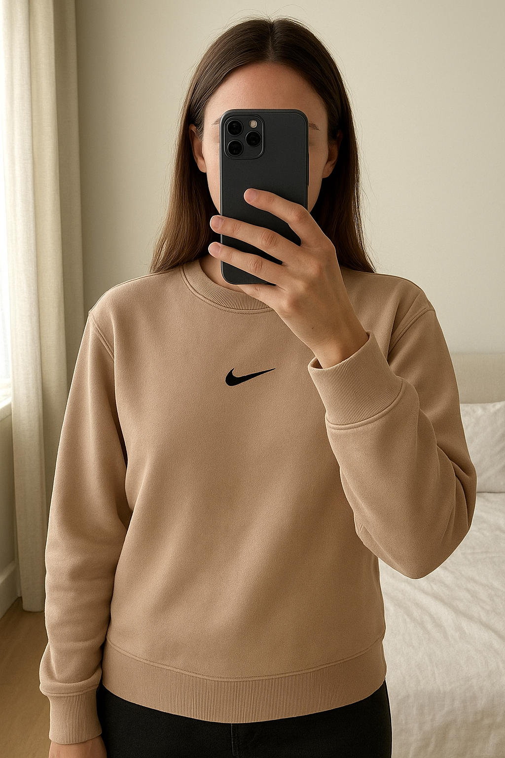 Pull nike debout, face à la caméra, dans une chambre à la lumière douce, avec une lumière naturelle filtrant par la fenêtre.