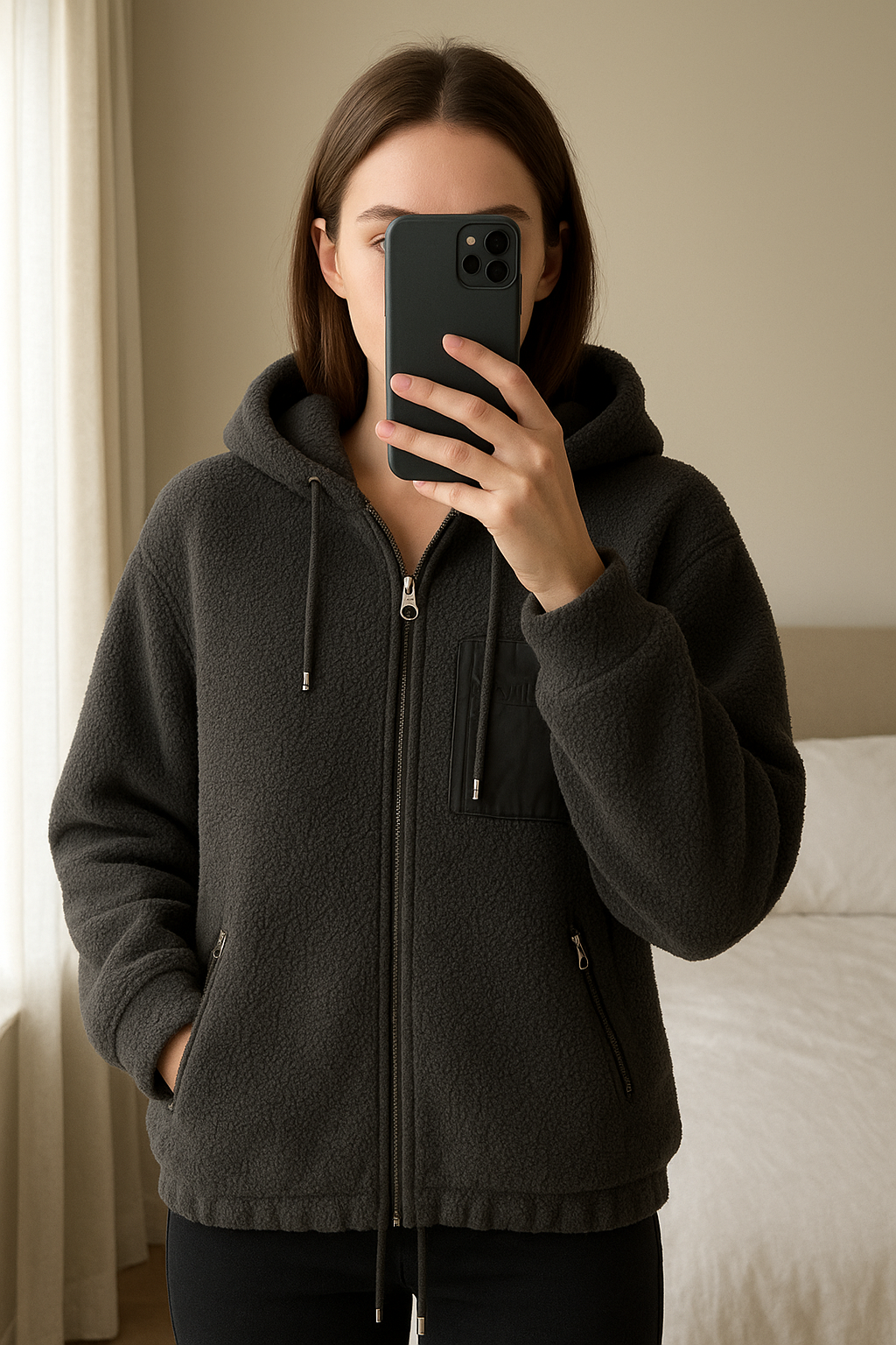 Une personne en Sweat Polaire sandro gris capuche T36 neuf debout, face à la caméra, avec une silhouette fine, dans une chambre à la lumière douce, avec une lumière naturelle filtrant par la fenêtre.