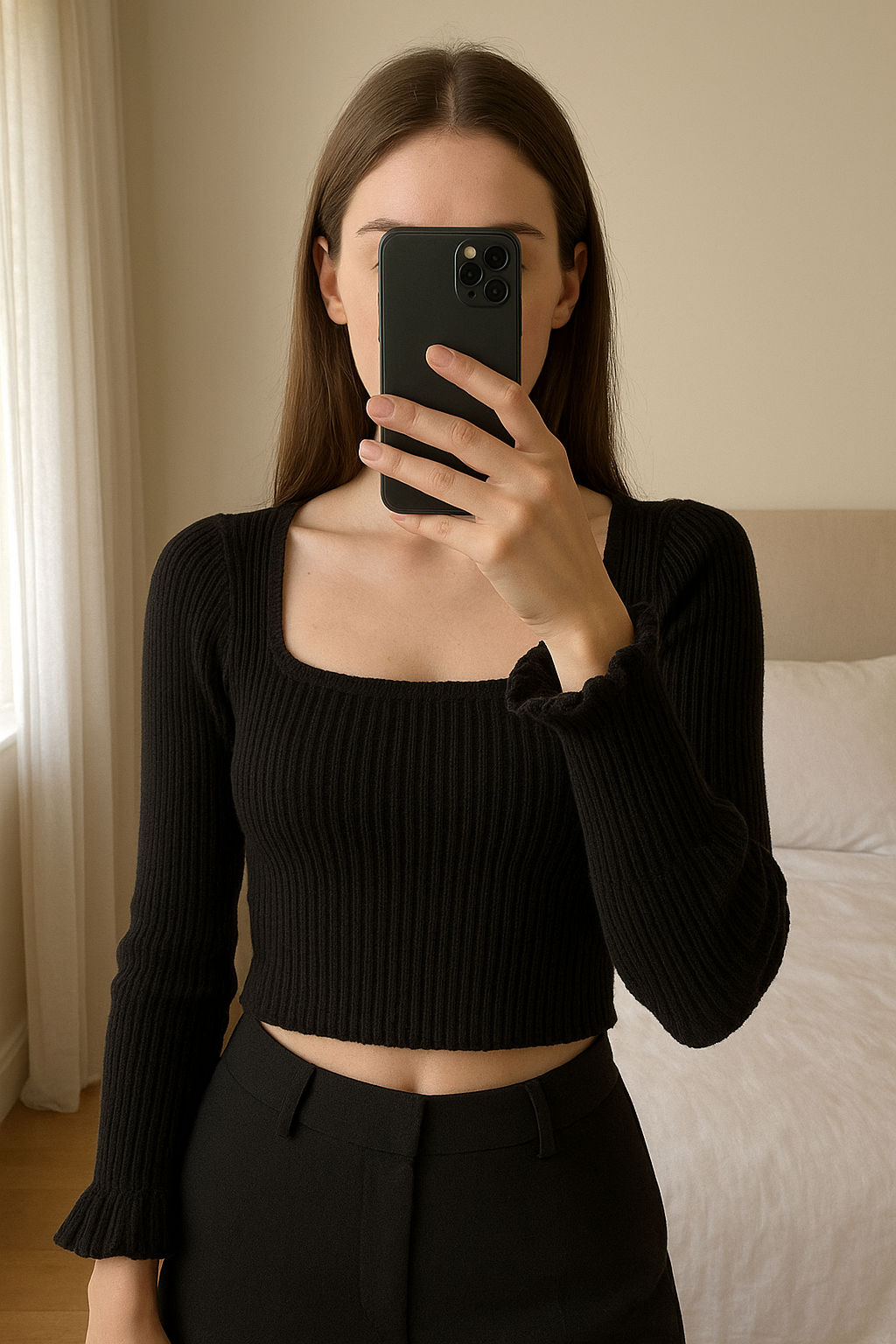 Top noir épaules dénudées côtelé – Shein – taille S debout, face à la caméra, dans une chambre à la lumière douce, avec une lumière naturelle filtrant par la fenêtre.