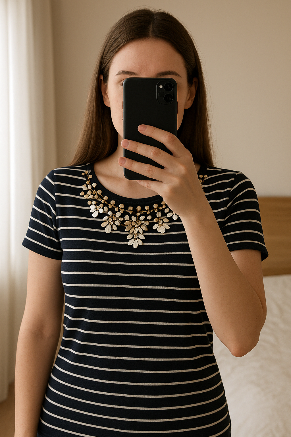 Monsoon striped top with embellished neckline standing straight facing the camera, in a softly lit bedroom setting, with gentle natural light filtering through a window.