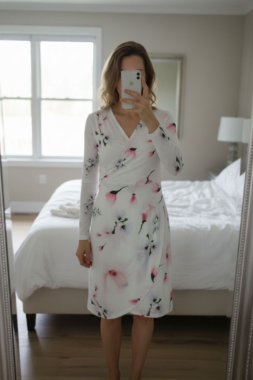 Robe blanche à fleurs taille M debout, face à la caméra, dans une chambre à la lumière douce, avec une lumière naturelle filtrant par la fenêtre.