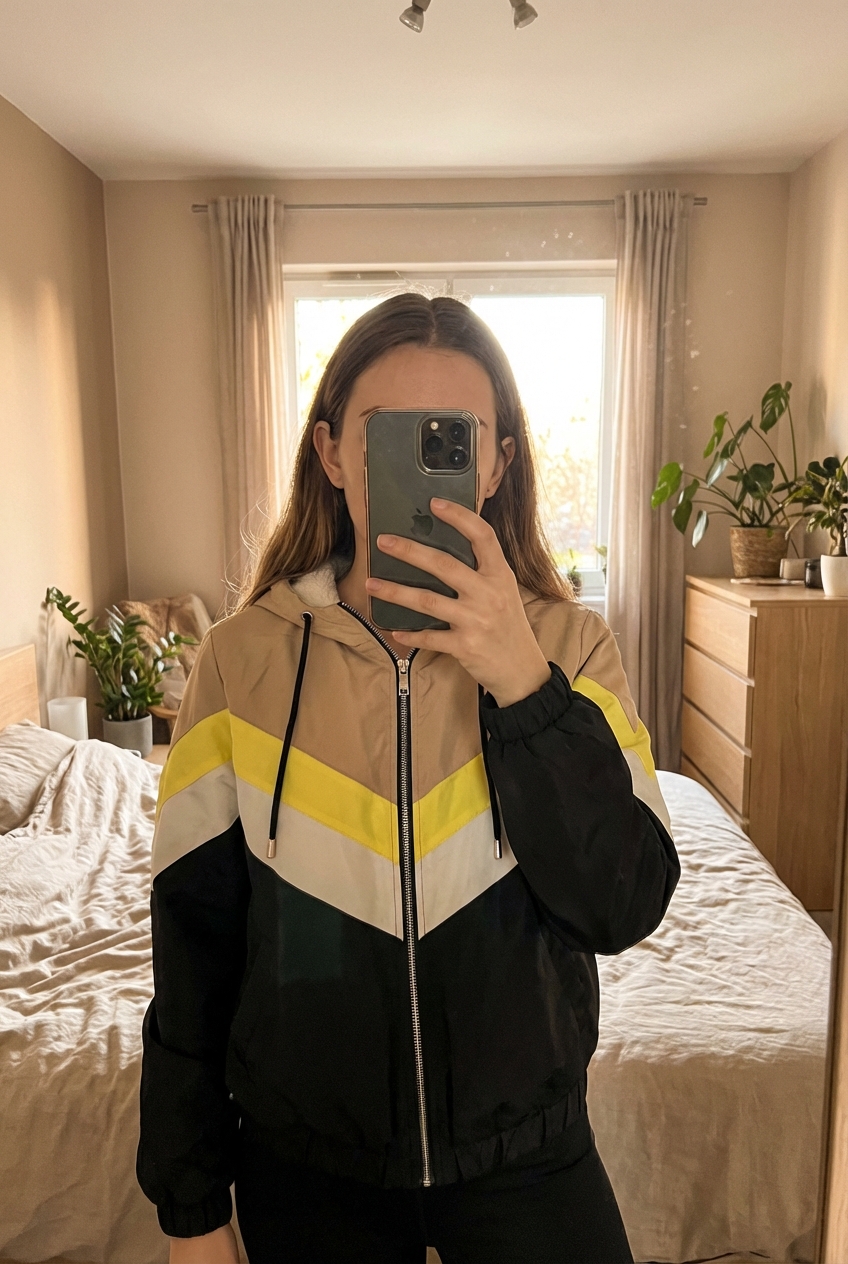 Veste new look debout, face à la caméra, dans une chambre à la lumière douce, avec une lumière naturelle filtrant par la fenêtre.