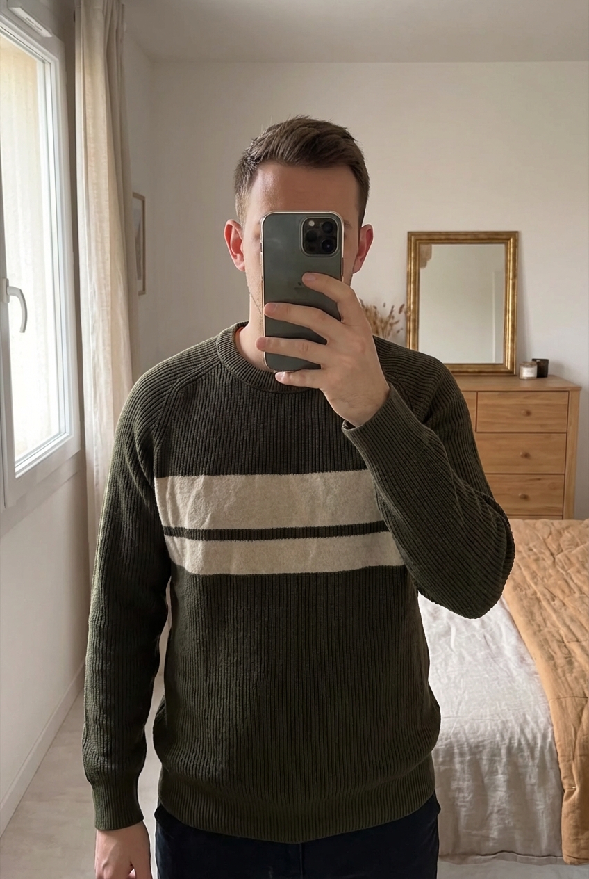 Pull Celio homme – XL debout, face à la caméra, dans une chambre à la lumière douce, avec une lumière naturelle filtrant par la fenêtre.