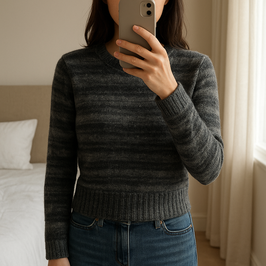 Pull d’hiver Columbia femme M – gris debout, face à la caméra, dans une chambre à la lumière douce, avec une lumière naturelle filtrant par la fenêtre.