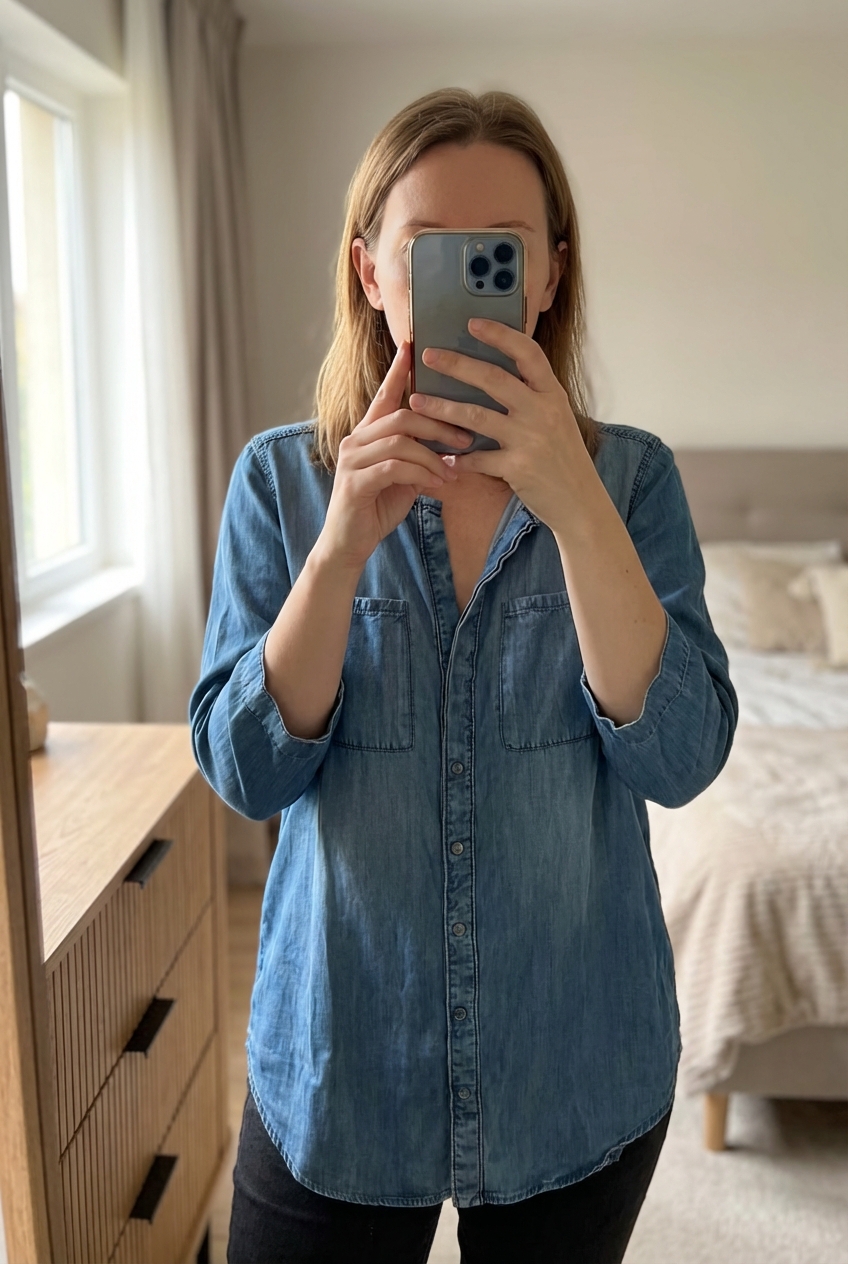 Chemise Promod en lyocell debout, face à la caméra, dans une chambre à la lumière douce, avec une lumière naturelle filtrant par la fenêtre.