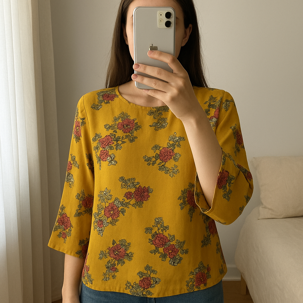 Blouse fleuri Jennyfer Taille S debout, face à la caméra, dans une chambre à la lumière douce, avec une lumière naturelle filtrant par la fenêtre.