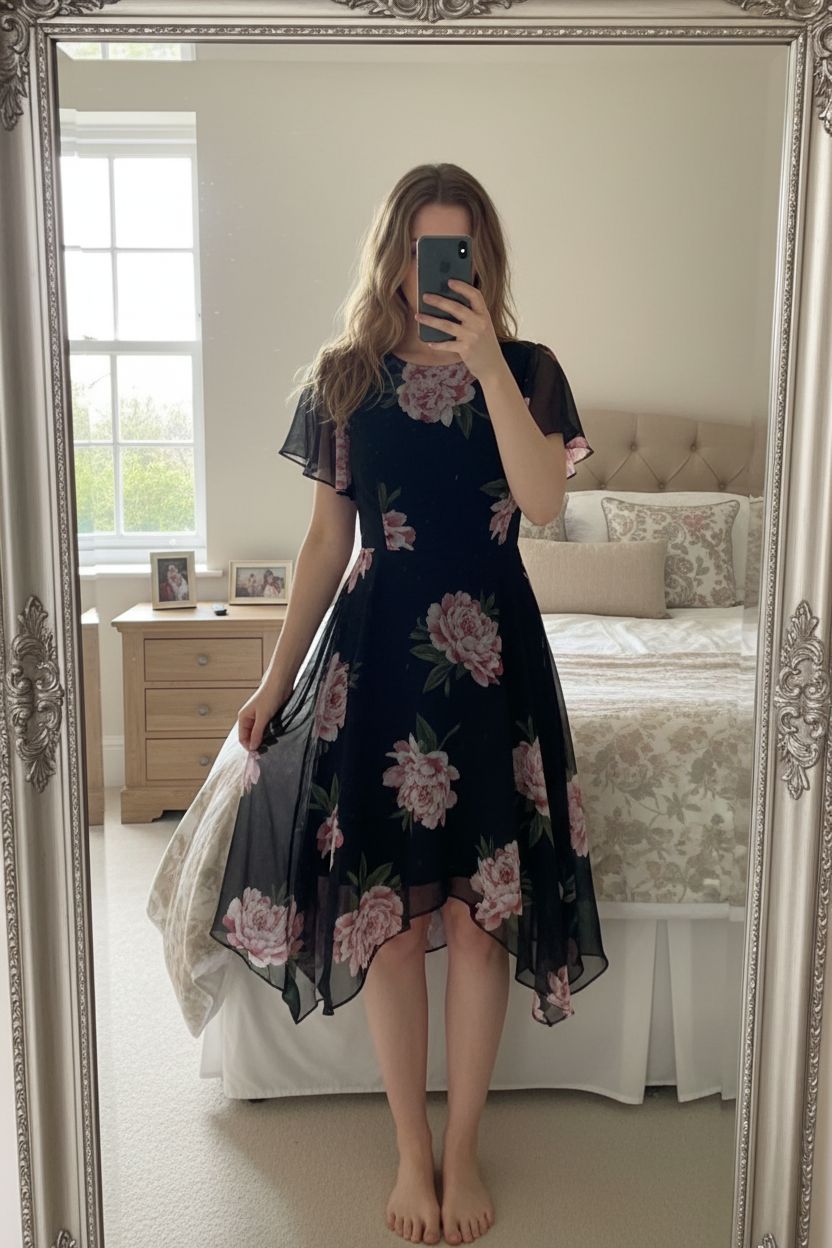 BNWT Mint Velvet Black Dress size 10 floral chiffon layered floaty soft whimsigoth feminine fairy standing straight facing the camera, in a softly lit bedroom setting, with gentle natural light filtering through a window.
