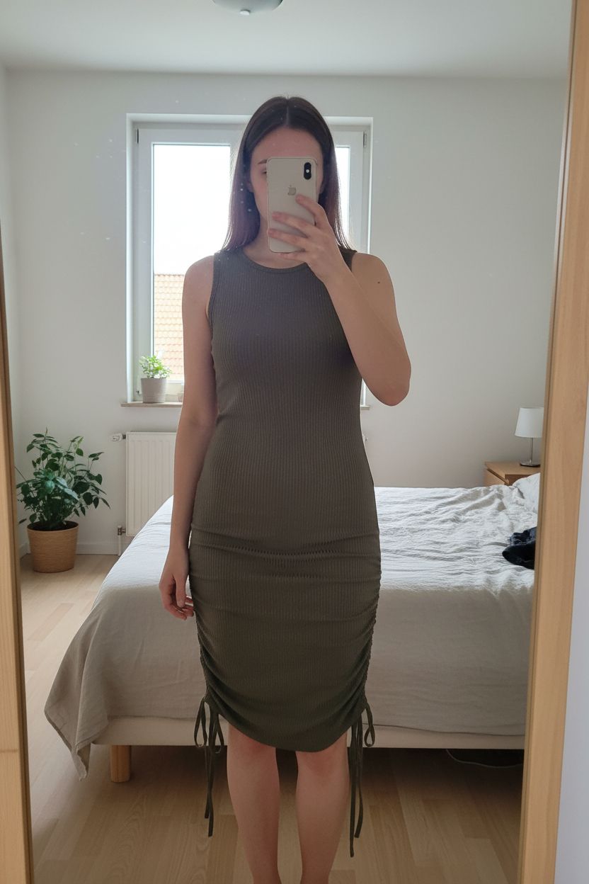 Eine Person in Khakifarbenes Kleid Gr. M aufrecht stehend, der Kamera zugewandt, in einem sanft beleuchteten Schlafzimmer, mit natürlichem Licht, das durch ein Fenster fällt.