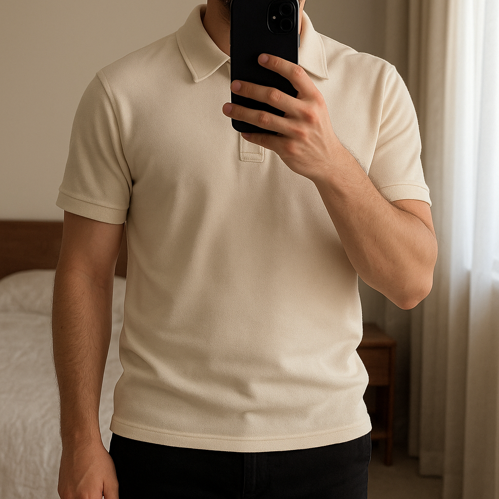 Chemise d'été classe Zara debout, face à la caméra, dans une chambre à la lumière douce, avec une lumière naturelle filtrant par la fenêtre.