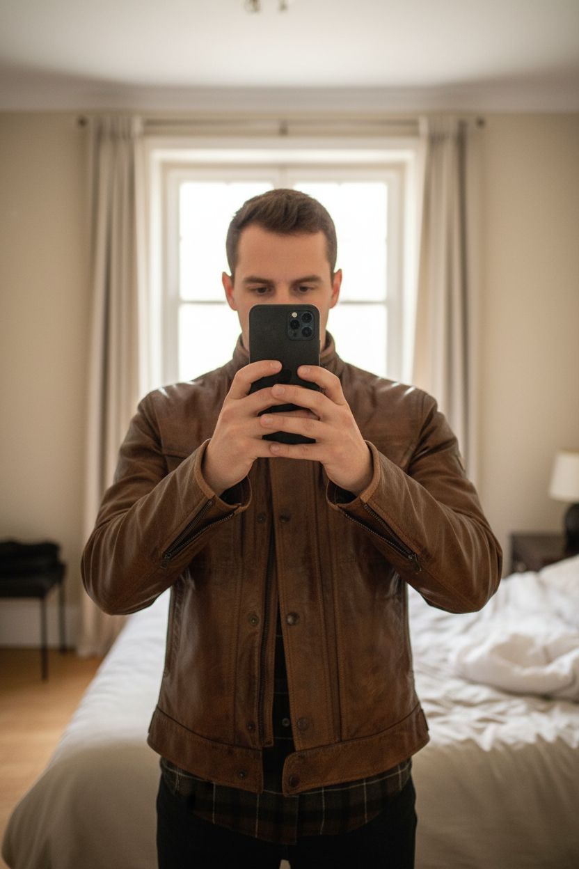 Blouson moto Matchless cuir pleine fleur L debout, face à la caméra, dans une chambre à la lumière douce, avec une lumière naturelle filtrant par la fenêtre.