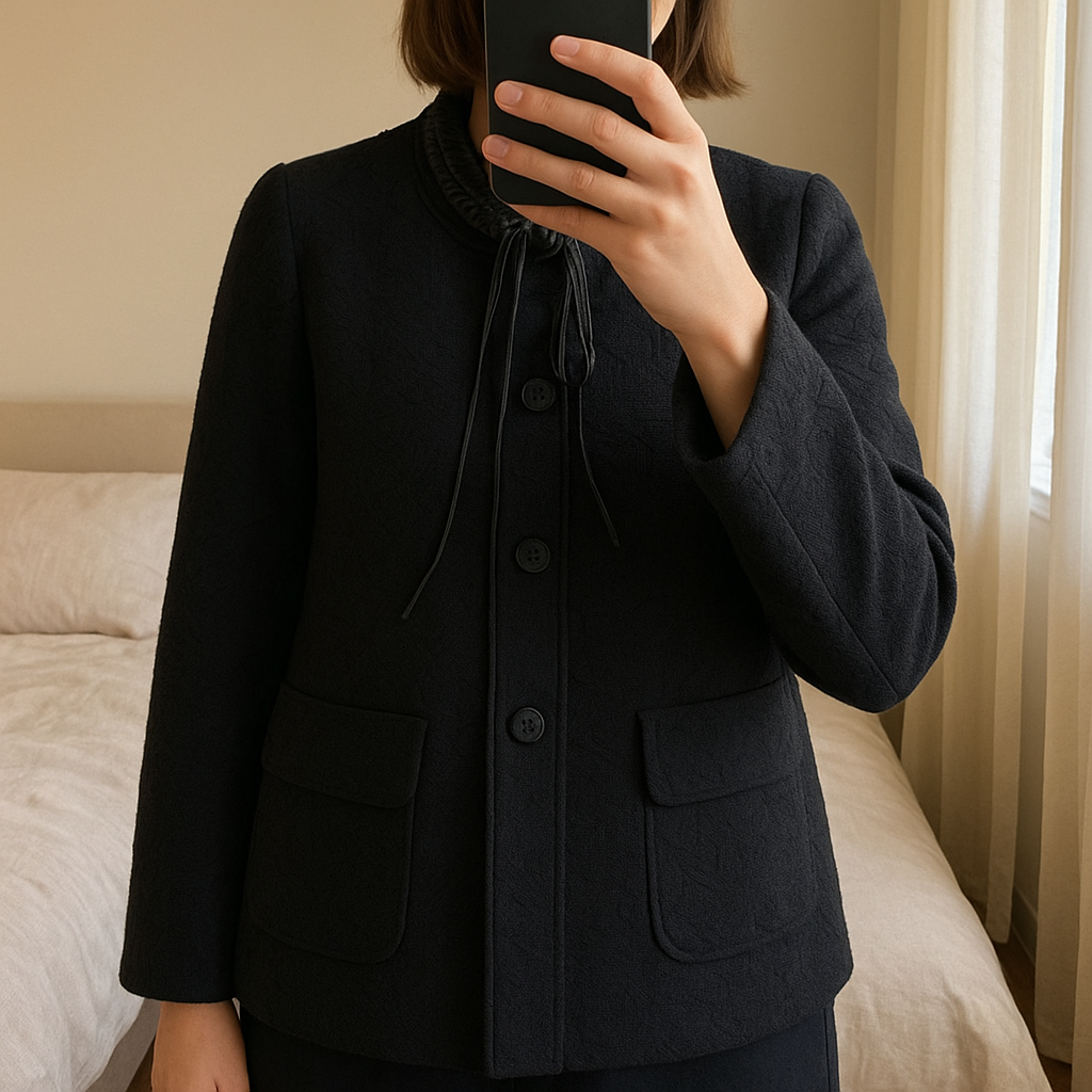veste manteau maje debout, face à la caméra, dans une chambre à la lumière douce, avec une lumière naturelle filtrant par la fenêtre.