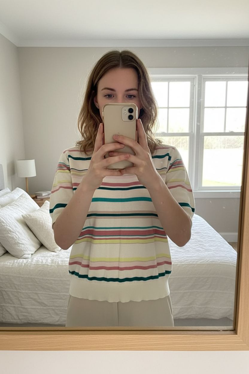 A person in M&S 100% Cotton Short Sleeved Striped Summer Knit Size 14 standing straight facing the camera, in a softly lit bedroom setting, with gentle natural light filtering through a window.
