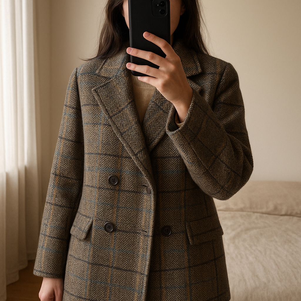 Manteau femme M - cappotto donna M in piedi, rivolto verso la fotocamera, in una camera da letto con luce soffusa e luce naturale che filtra dalla finestra.