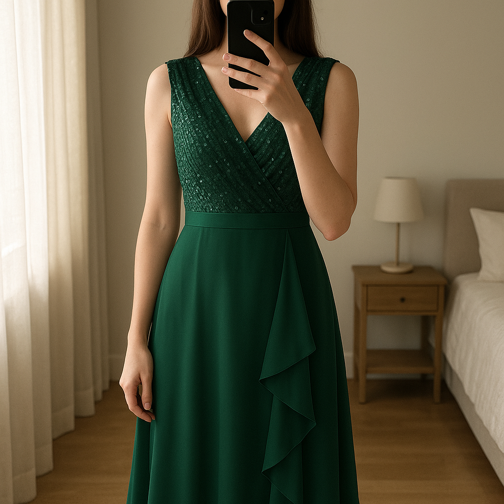 Une personne en Robe de fête Verte émeraude T.38 debout, face à la caméra, dans une chambre à la lumière douce, avec une lumière naturelle filtrant par la fenêtre.