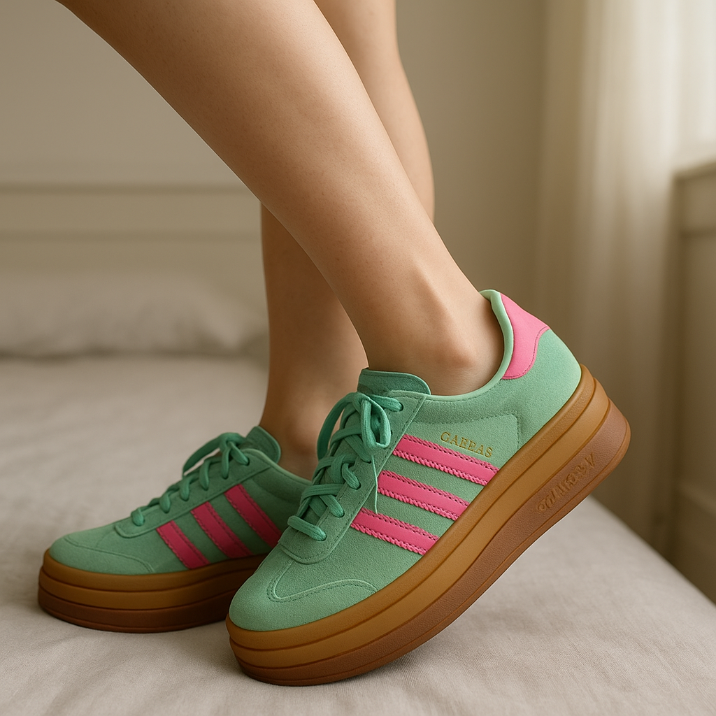 Una persona in Baskets adidas gazelle bold 38 - scarpe adidas Donna inarcando leggermente la schiena per una posa dinamica, in una camera da letto con luce soffusa e luce naturale che filtra dalla finestra.