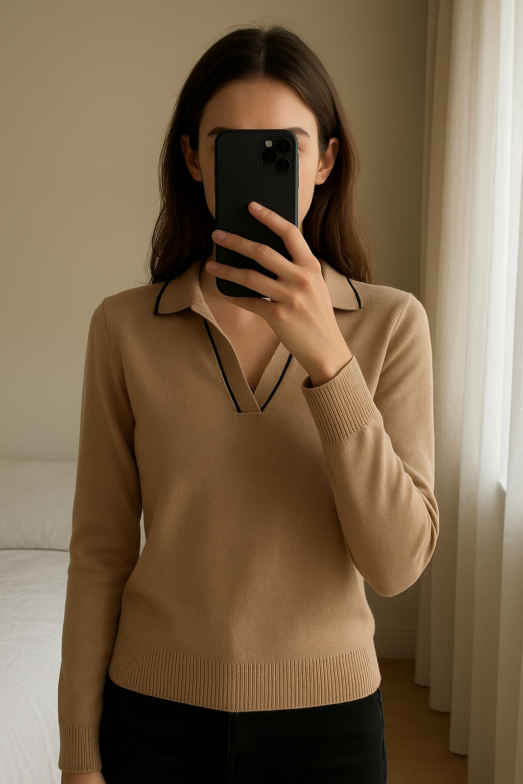 Pull Mango debout, face à la caméra, dans une chambre à la lumière douce, avec une lumière naturelle filtrant par la fenêtre.