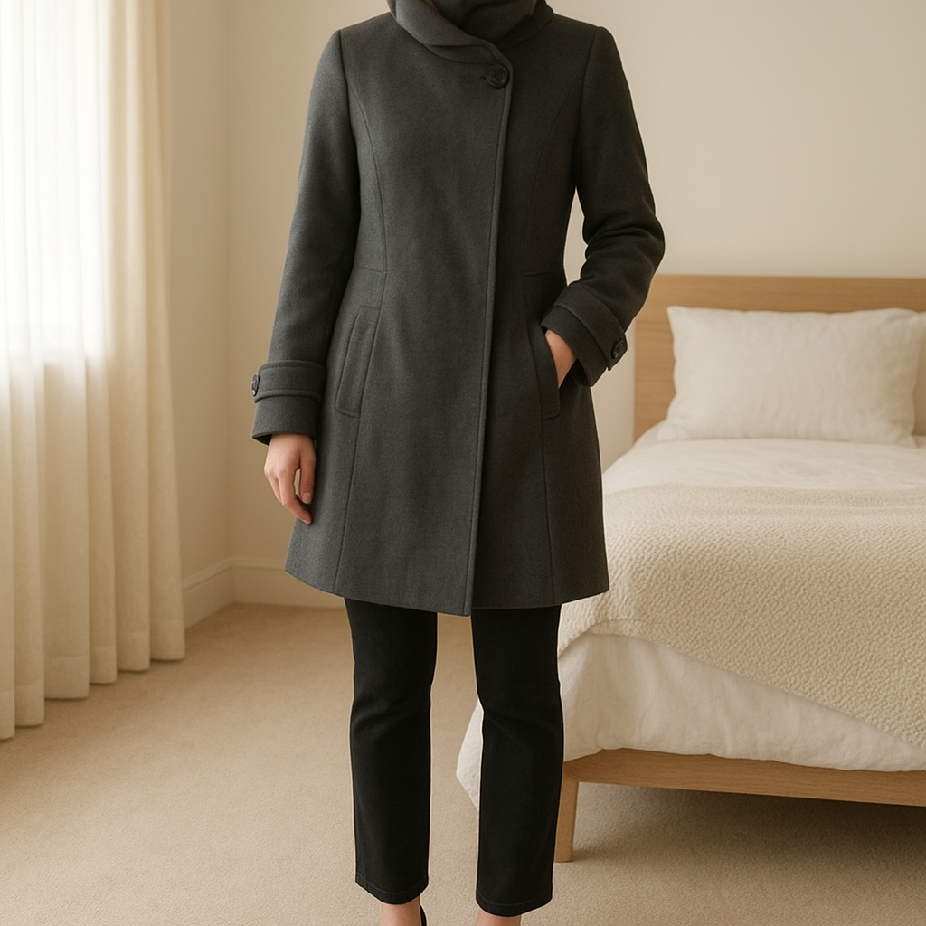 Magnifique manteau caban gris Jacqueline Riu taille 40 debout, face à la caméra, dans une chambre à la lumière douce, avec une lumière naturelle filtrant par la fenêtre.
