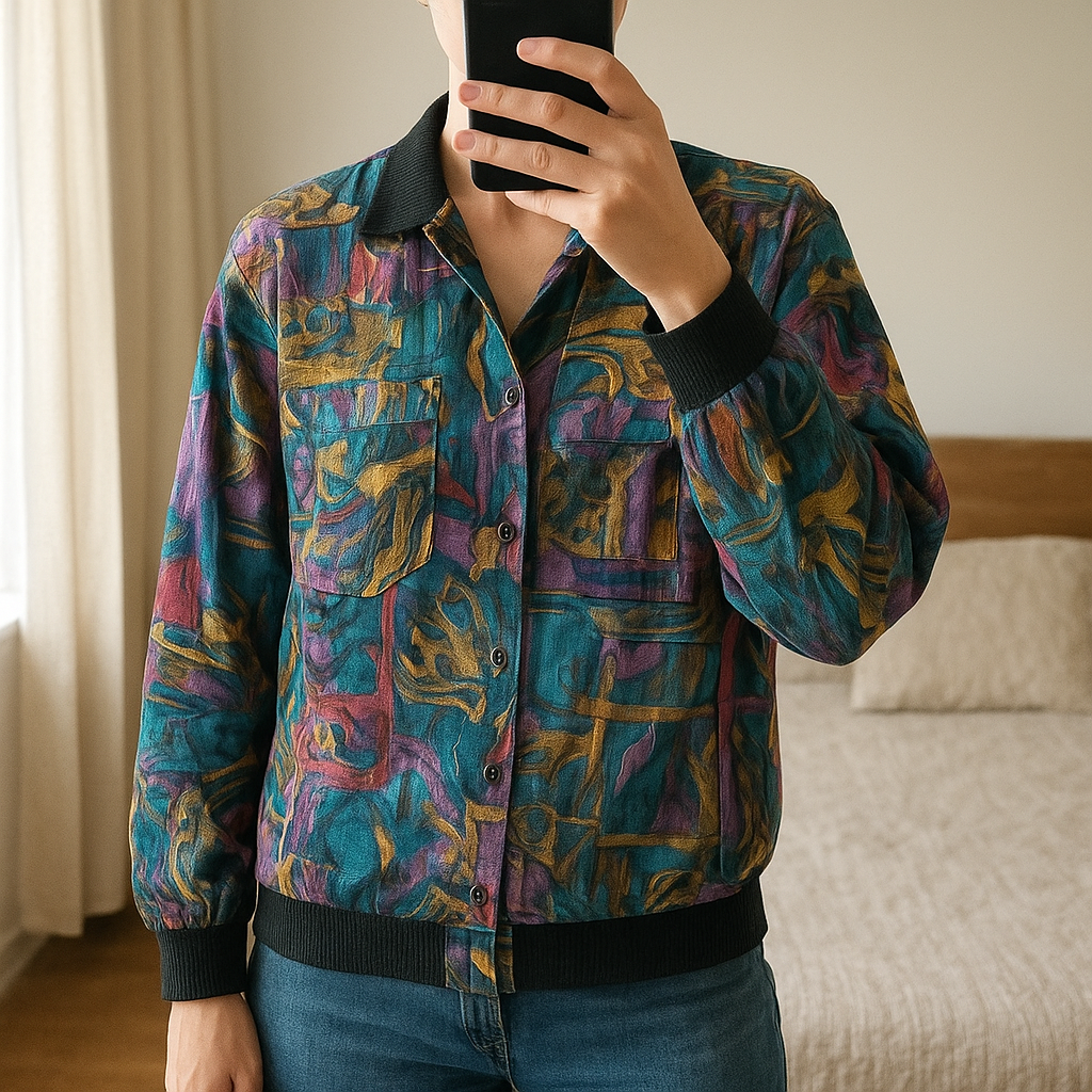 Chemise vintage type bombers debout, face à la caméra, dans une chambre à la lumière douce, avec une lumière naturelle filtrant par la fenêtre.