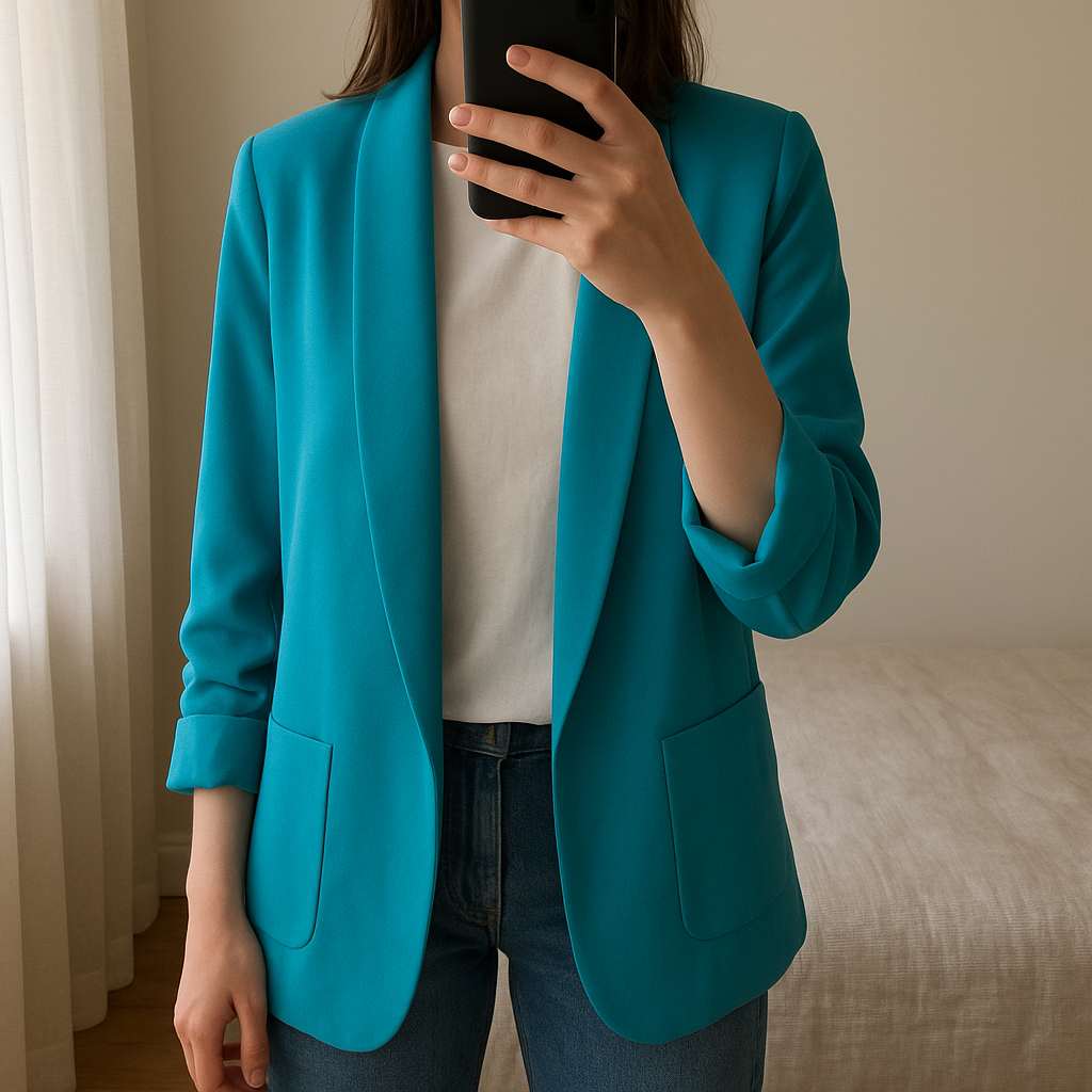 Blazer bleu turquoise taille 38 neuf debout, face à la caméra, dans une chambre à la lumière douce, avec une lumière naturelle filtrant par la fenêtre.