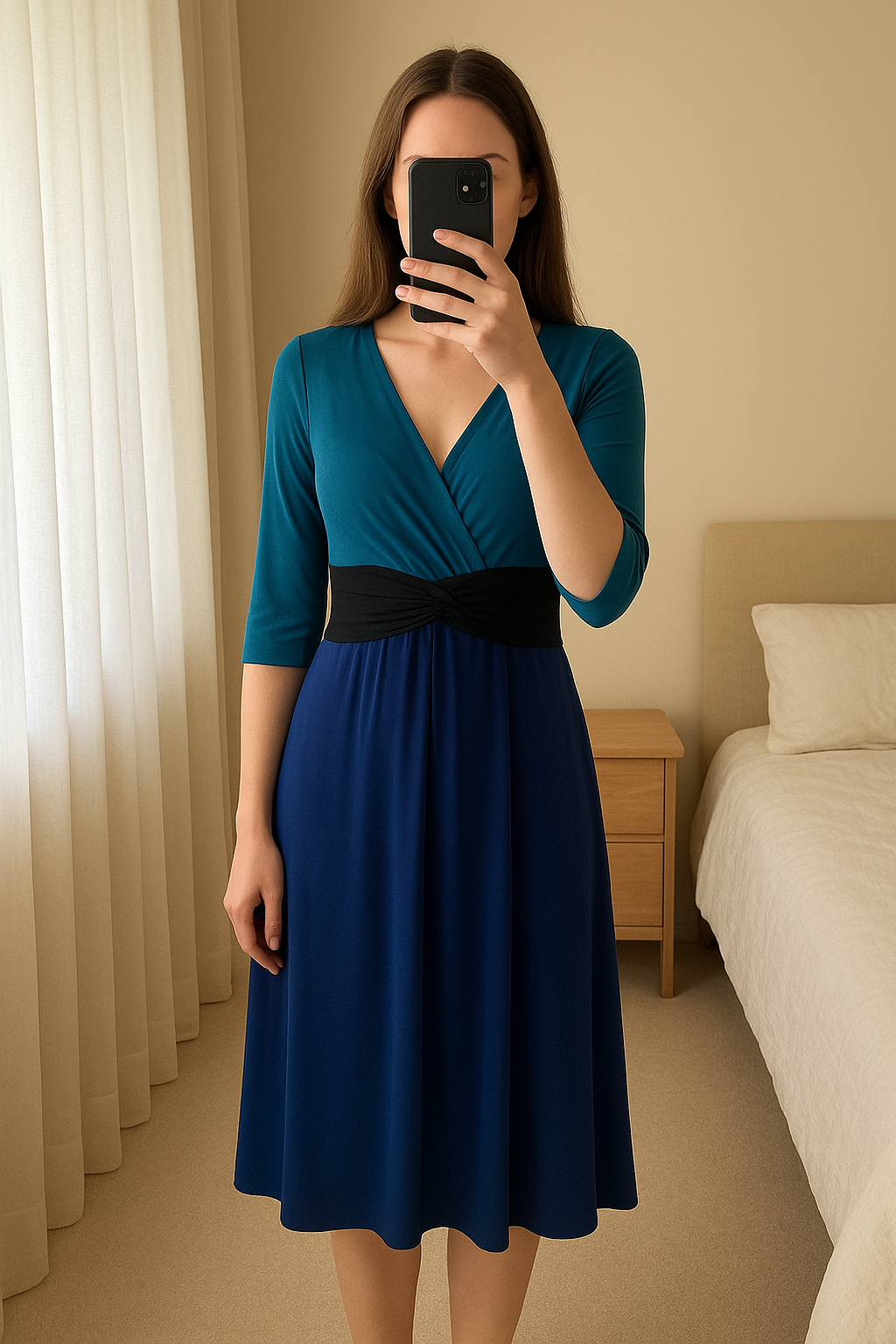 Ronni Nicole Dress | Size 10. standing straight facing the camera, in a softly lit bedroom setting, with gentle natural light filtering through a window.