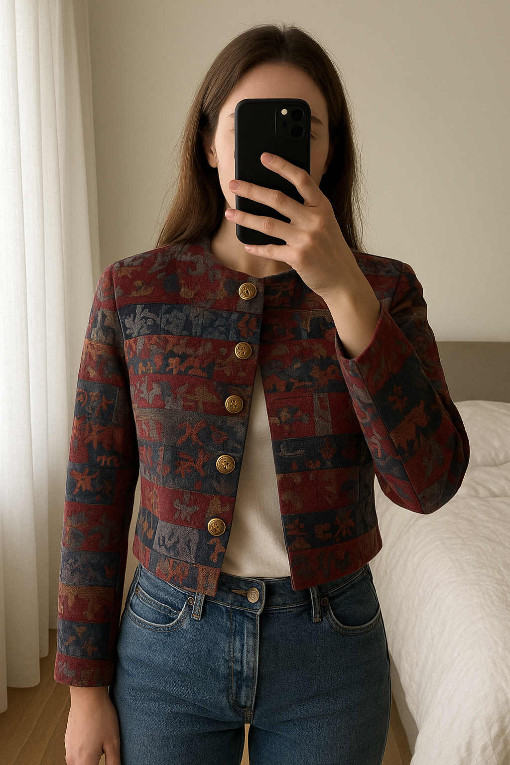 Vintage retro tapestry jacket 80s / 90s! standing straight facing the camera, in a softly lit bedroom setting, with gentle natural light filtering through a window.