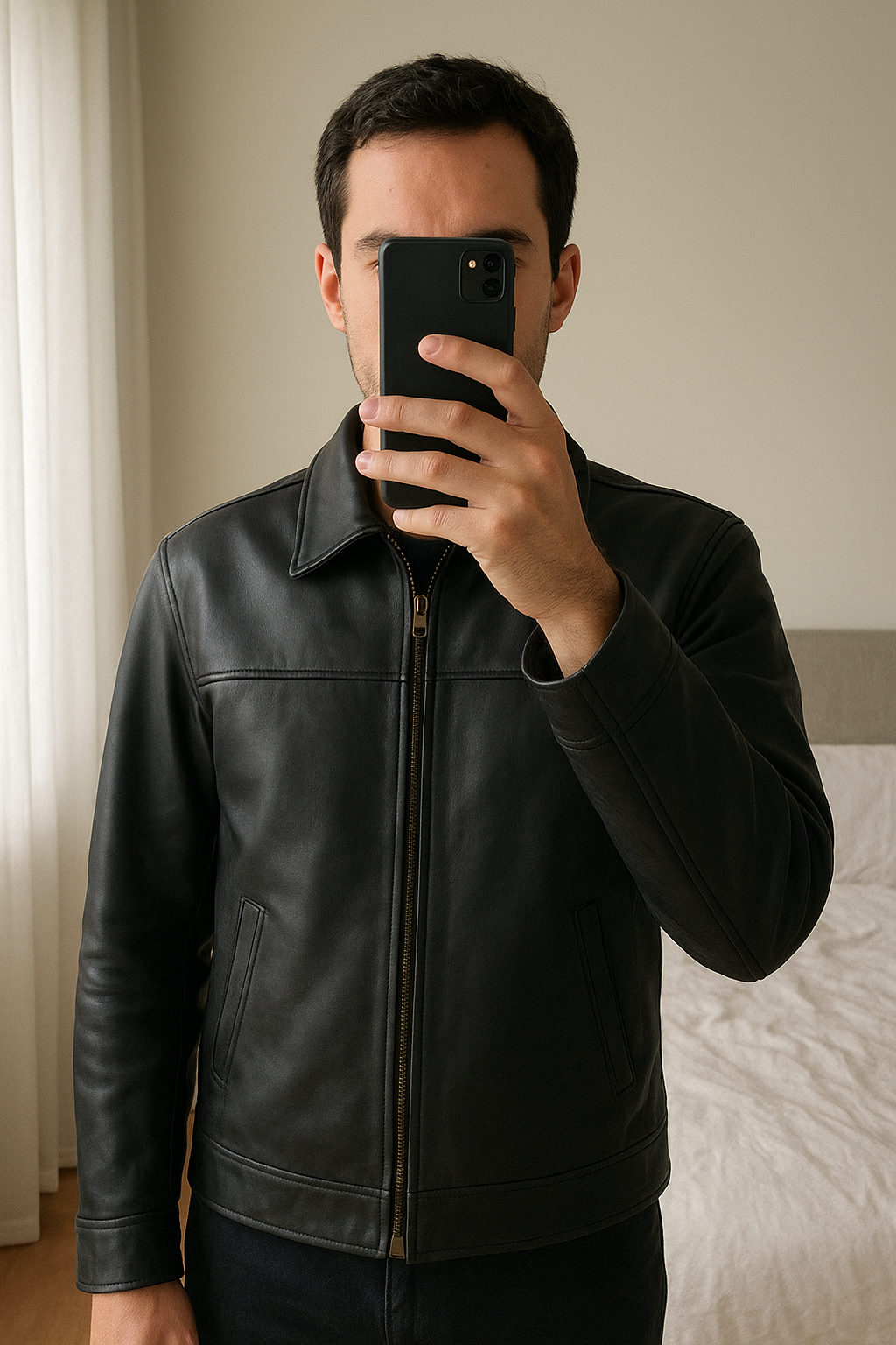 Veste en cuir Homme Helstons taille XL debout, face à la caméra, dans une chambre à la lumière douce, avec une lumière naturelle filtrant par la fenêtre.