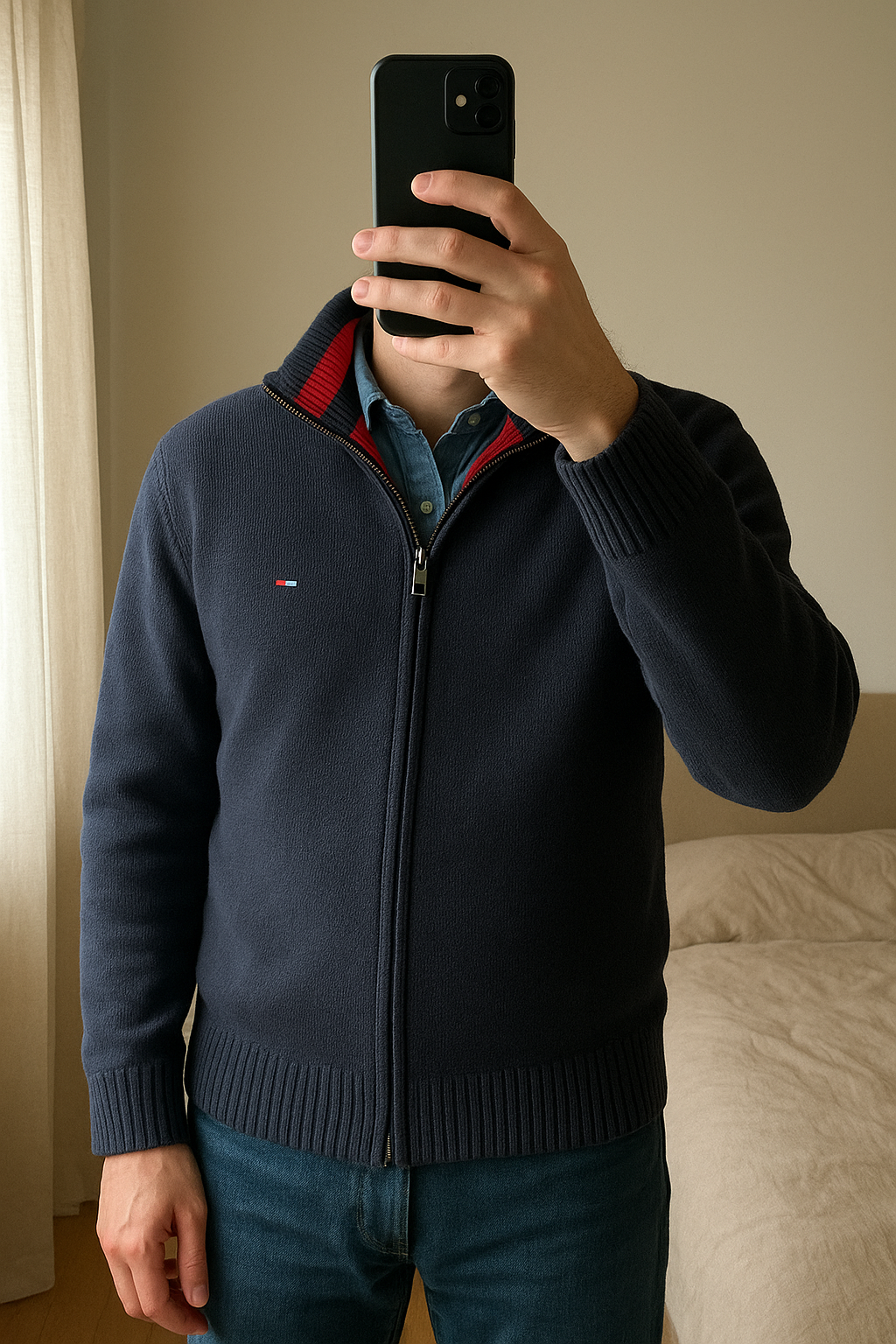 Veste FullZip Tommy Hilfiger 100% Premium Coton Bleu Marine M debout, face à la caméra, dans une chambre à la lumière douce, avec une lumière naturelle filtrant par la fenêtre.