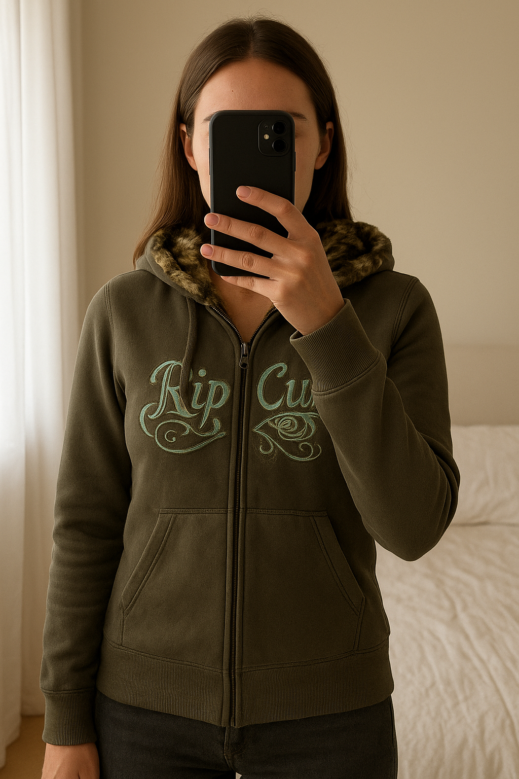 Rip Curl Khaki Zip-Up Hoodie with Fur Lined Hood. Size xs. New with tags. RRP:£75 standing straight facing the camera, in a softly lit bedroom setting, with gentle natural light filtering through a window.