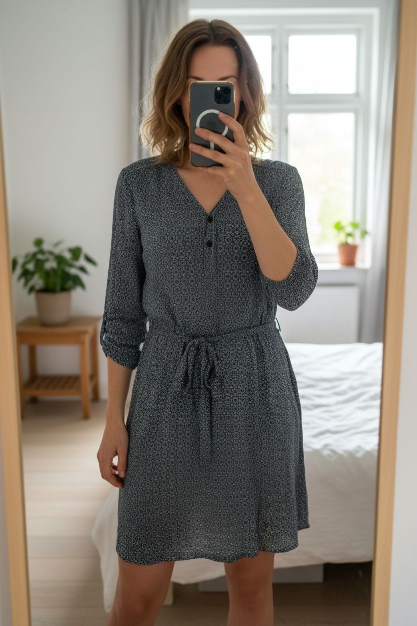 Robe fluide à motif debout, face à la caméra, dans une chambre à la lumière douce, avec une lumière naturelle filtrant par la fenêtre.