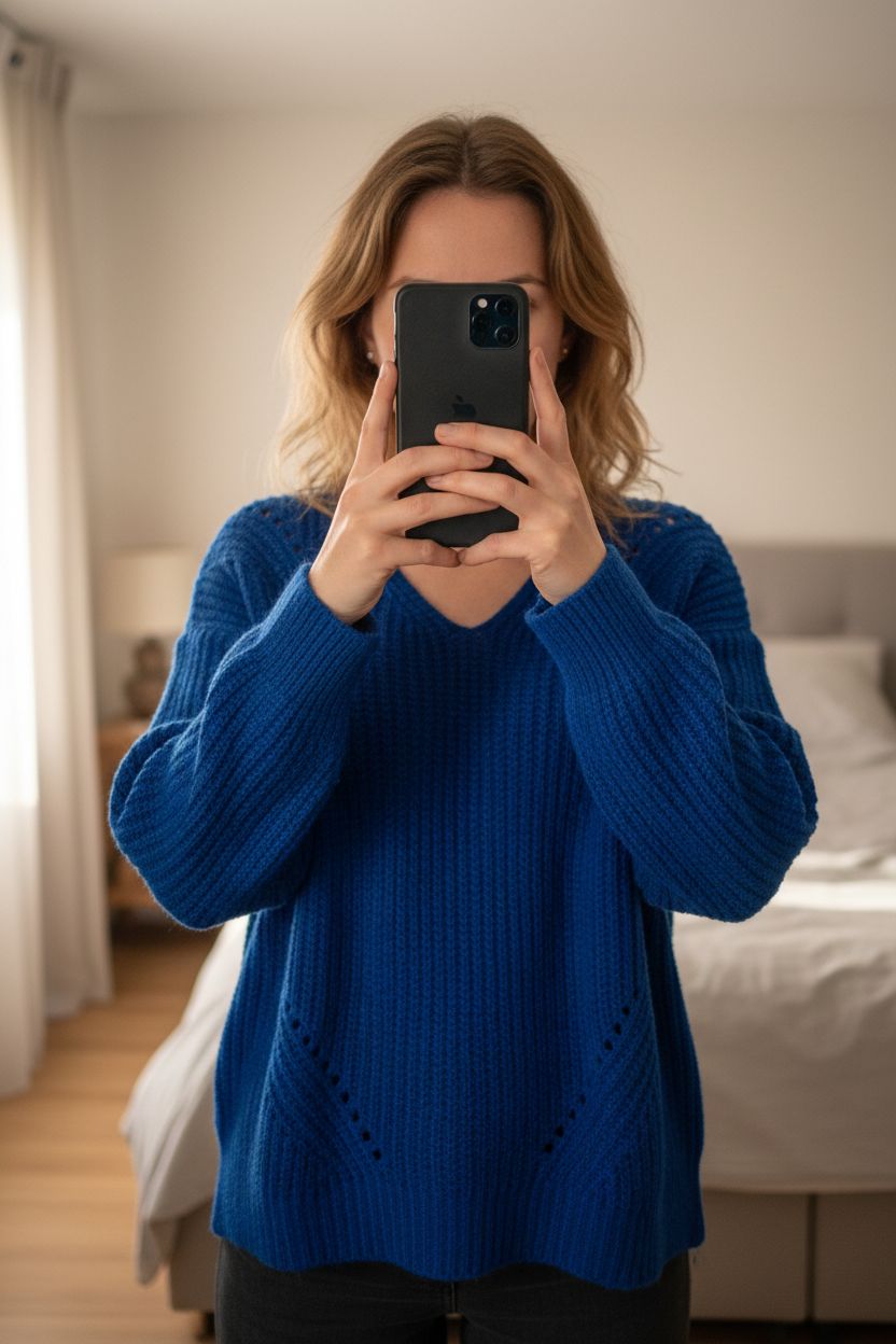 Pull bleu royal neuf debout, face à la caméra, dans une chambre à la lumière douce, avec une lumière naturelle filtrant par la fenêtre.