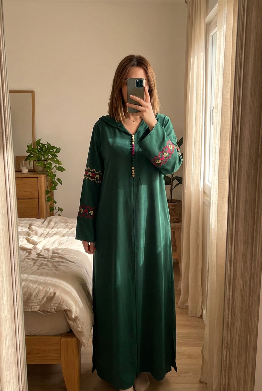 Djellaba jellaba neuve verte Conviendrait à une taille 38 40 M L debout, face à la caméra, dans une chambre à la lumière douce, avec une lumière naturelle filtrant par la fenêtre.