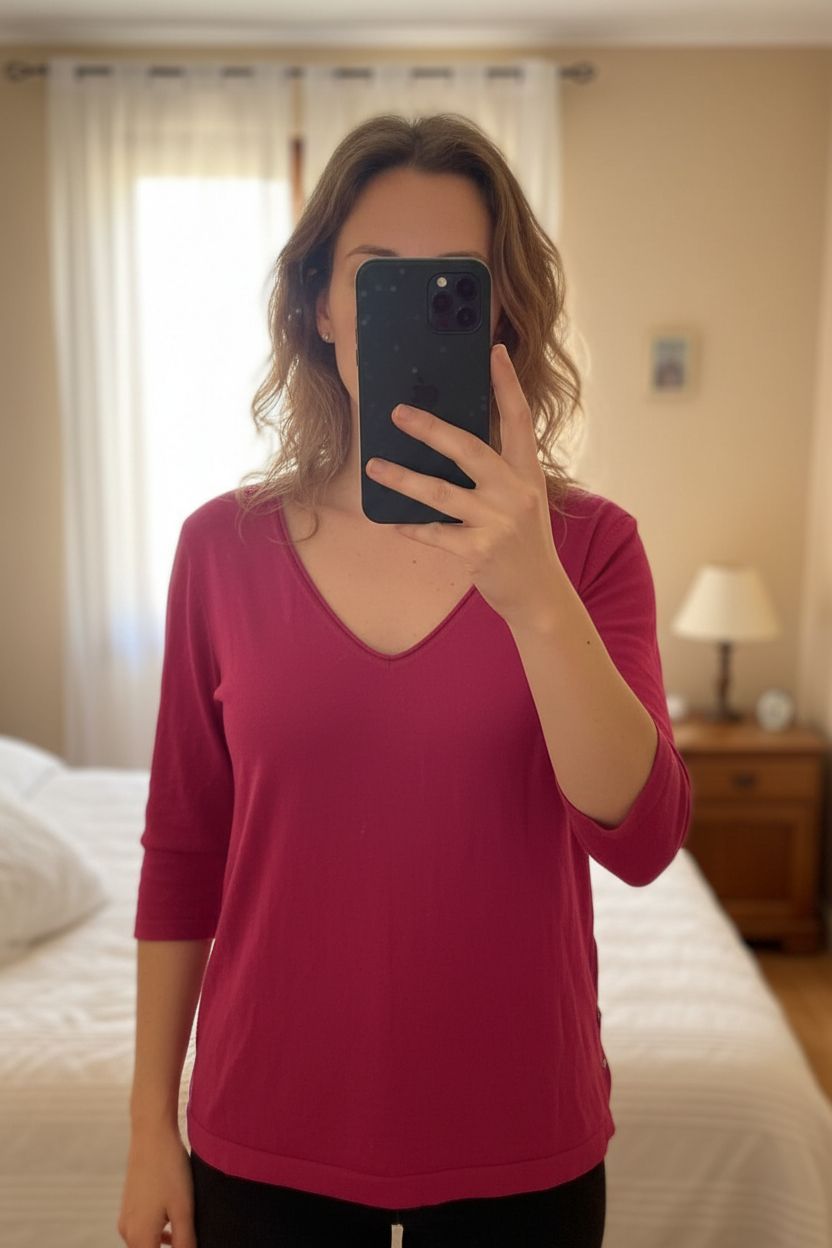 Blouse courte manche debout, face à la caméra, dans une chambre à la lumière douce, avec une lumière naturelle filtrant par la fenêtre.