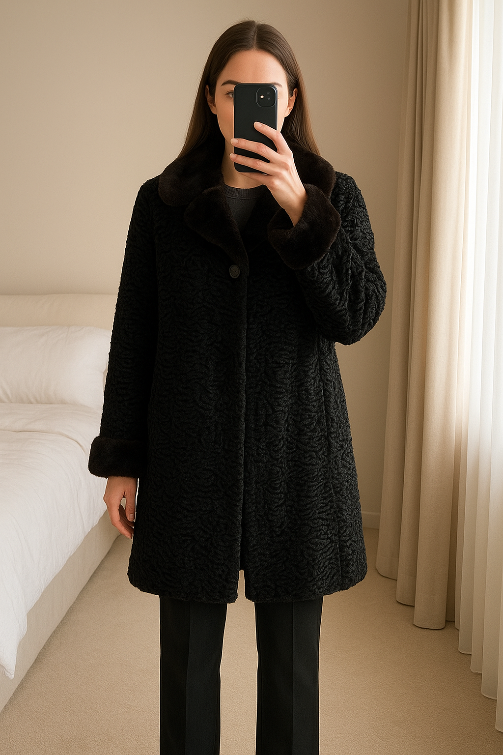 Manteau vintage chaud debout, face à la caméra, dans une chambre à la lumière douce, avec une lumière naturelle filtrant par la fenêtre.